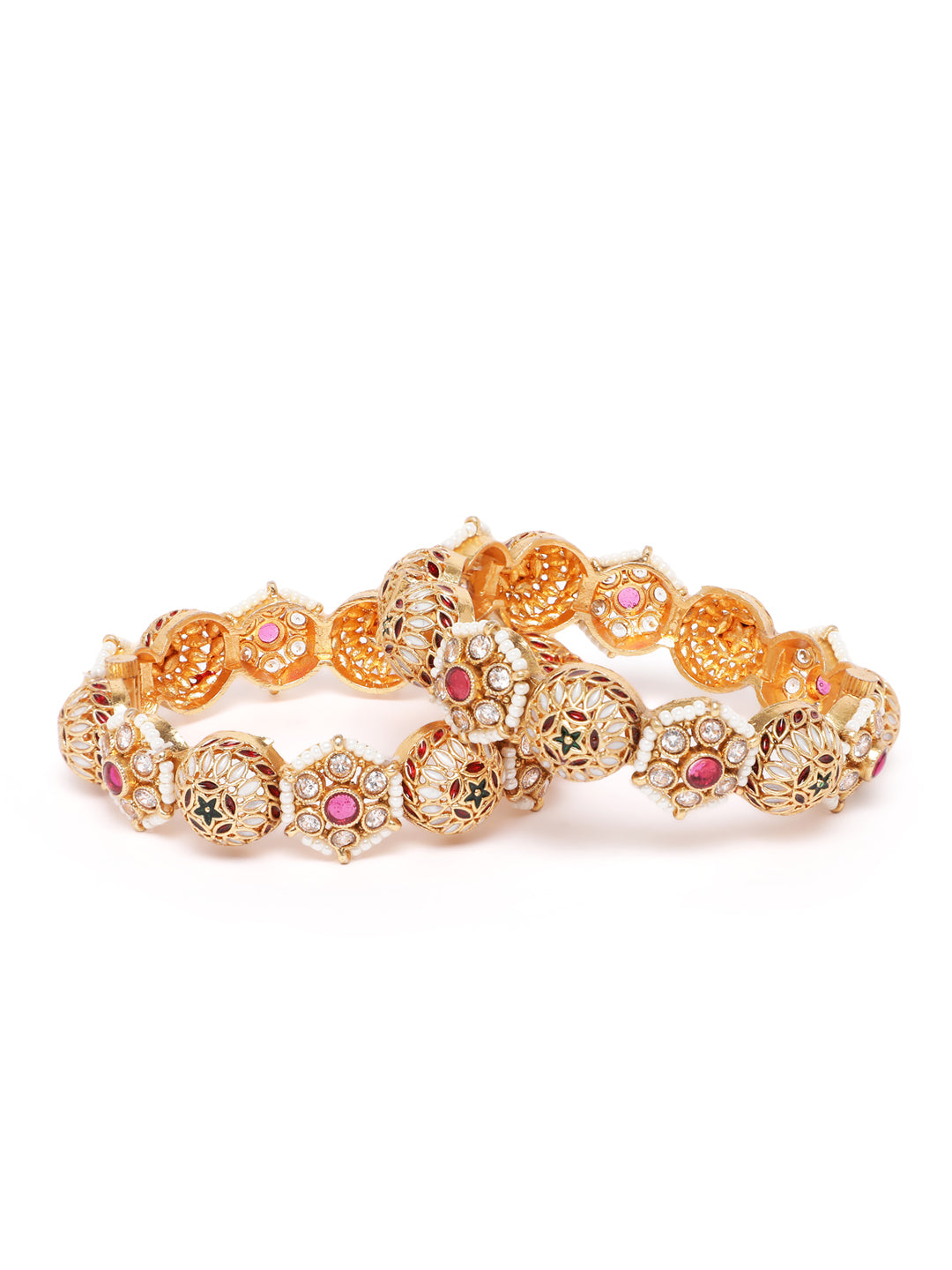 Premium Gold Plated Meenakari Jali Bangles Pair with Pink CZ Stones & Pearls for Women Wedding Ethnic Wear
