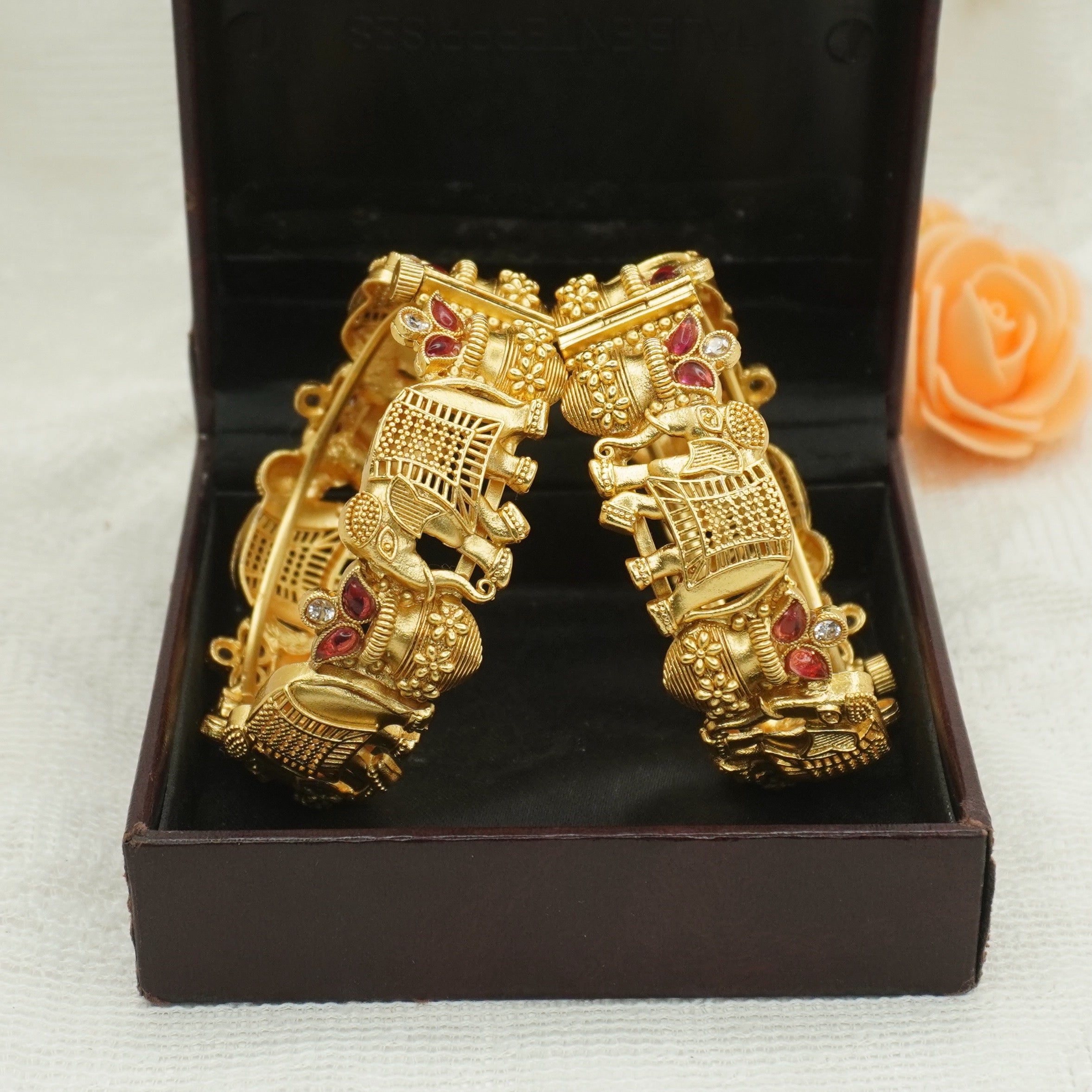 Indian Gold Plated Temple Elephant Cuff Bangles Pair with Ruby Crystal Accents Traditional Bridal Jewelry