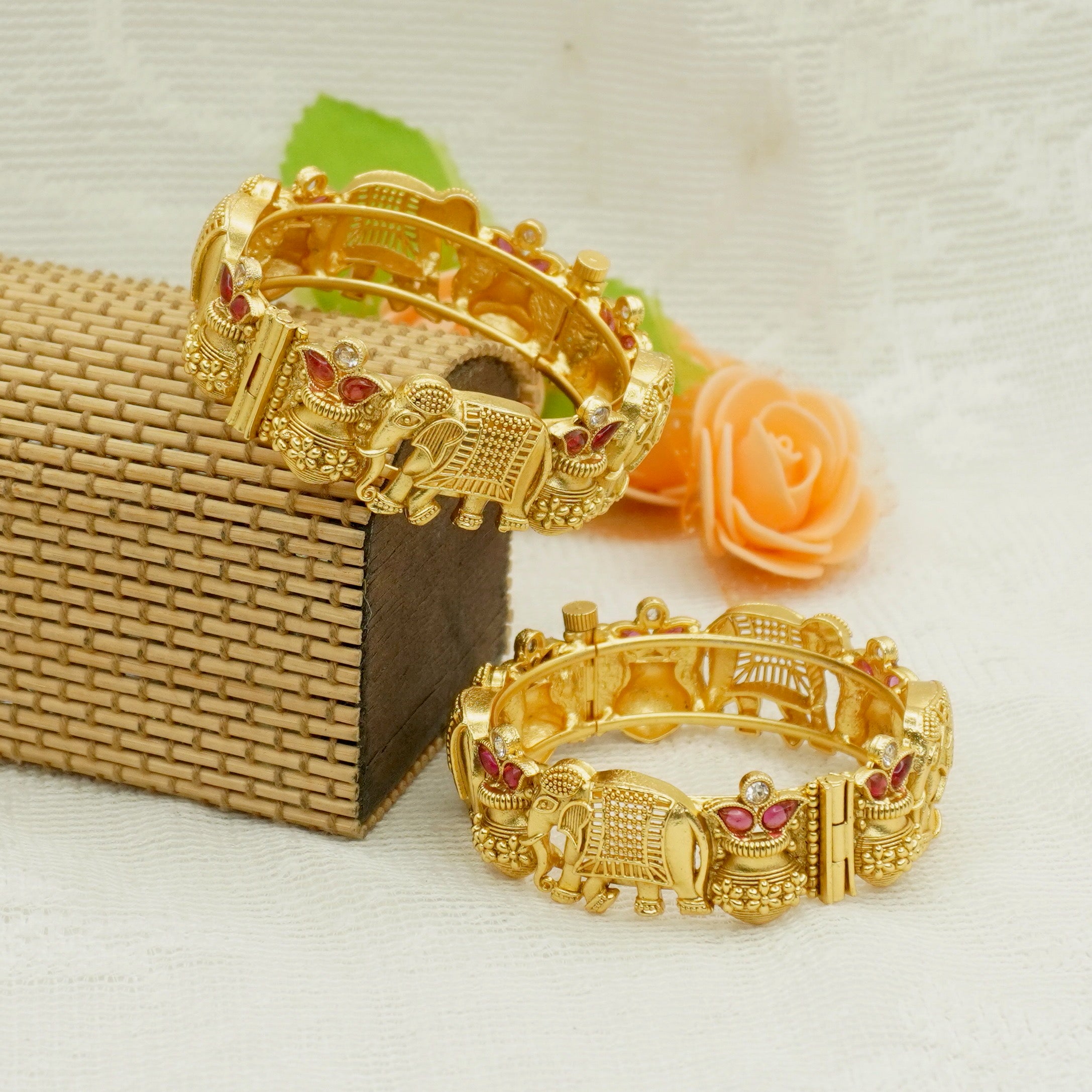 Indian Gold Plated Temple Elephant Cuff Bangles Pair with Ruby Crystal Accents Traditional Bridal Jewelry