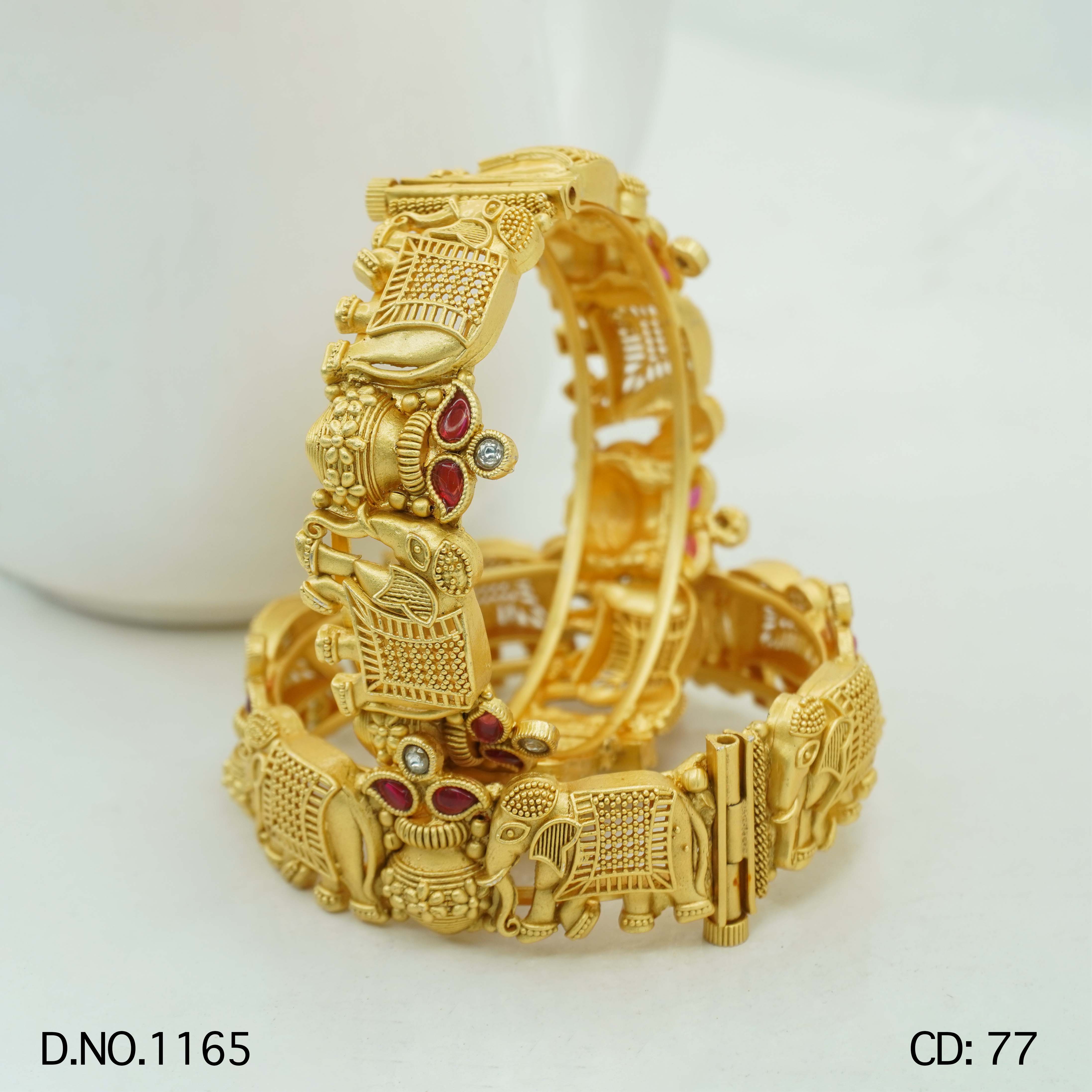 Indian Gold Plated Temple Elephant Cuff Bangles Pair with Ruby Crystal Accents Traditional Bridal Jewelry