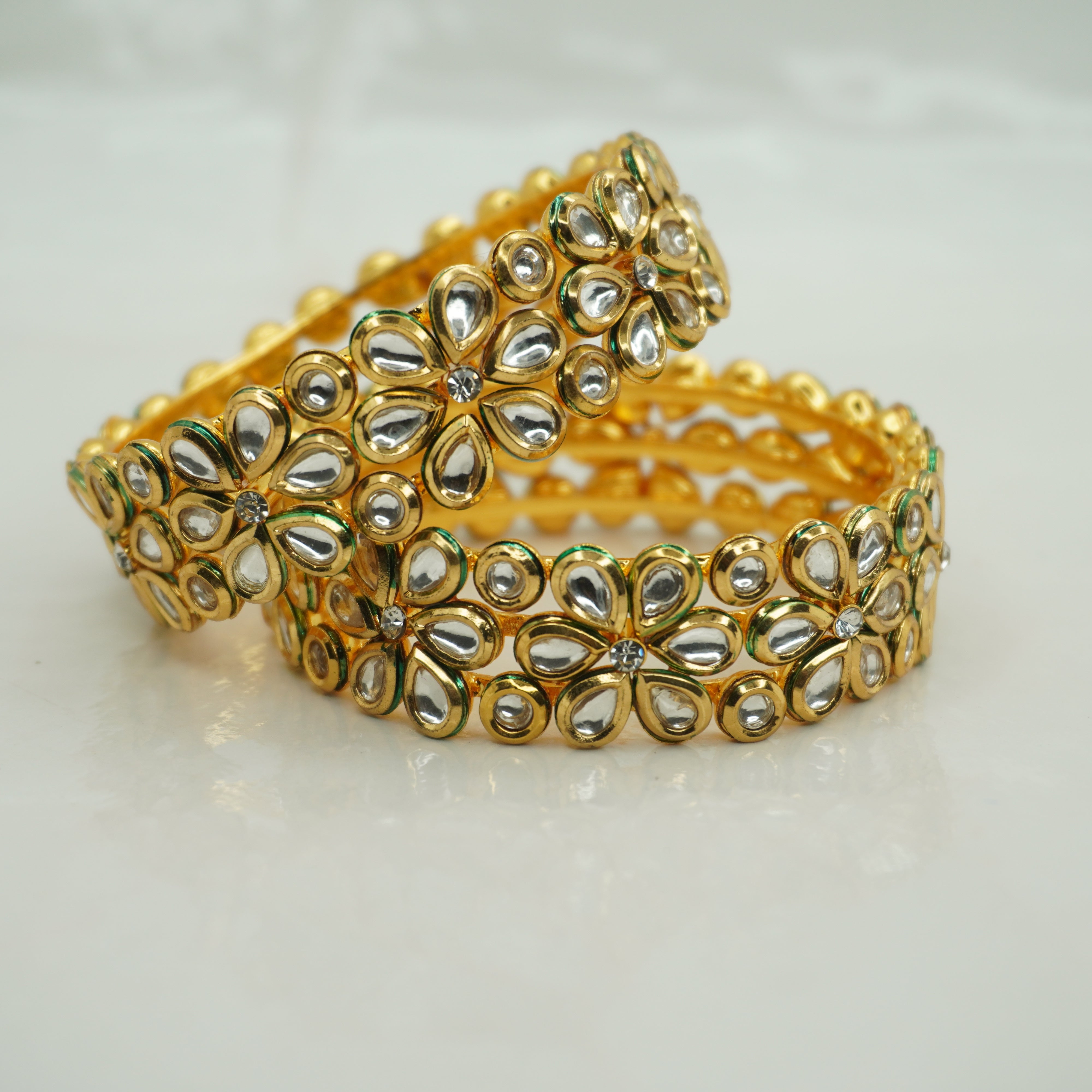 Premium Gold Plated Kundan Flower Bangles Pair for Women Wedding Bridal Ethnic Traditional Wear