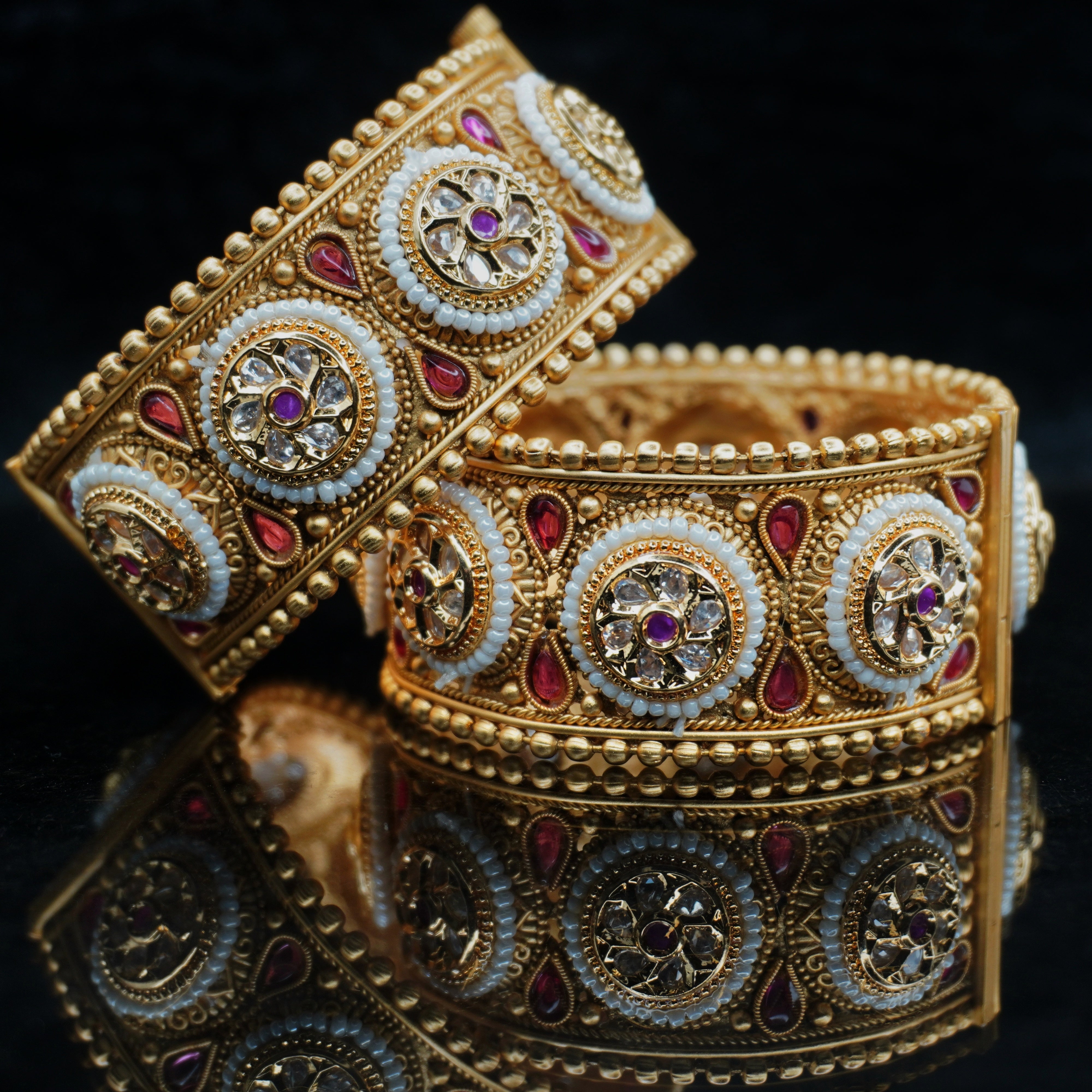 Gold Plated Kundan Pearl Bangles Pair for Women – Traditional Bridal Wedding Kangan