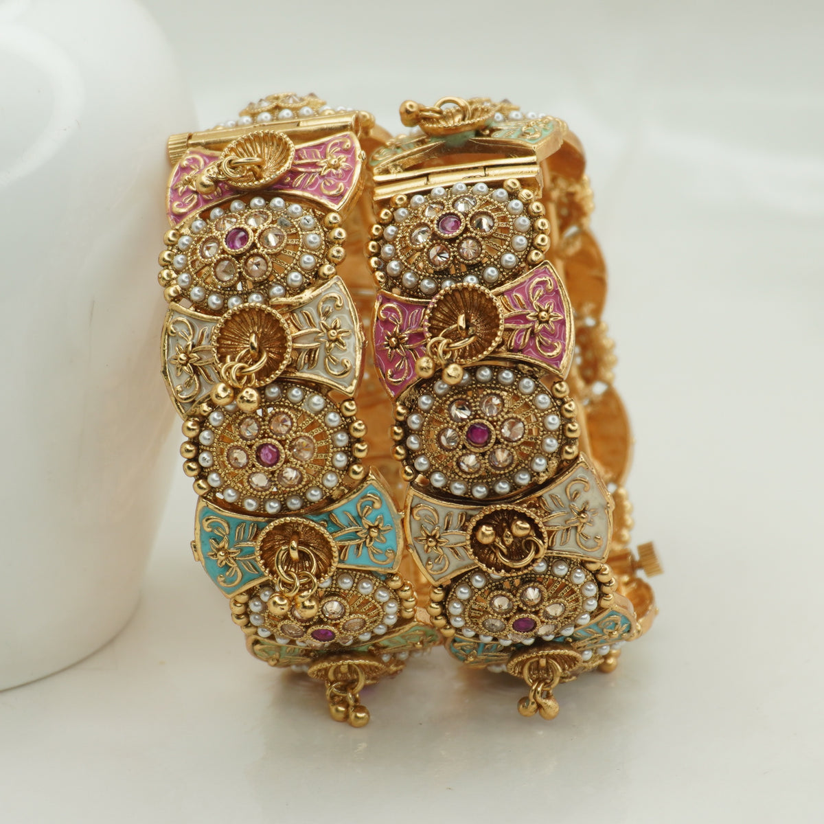 Designer Multicolor Kundan Meenakari Pearl Embellished Bridal Bangles Set