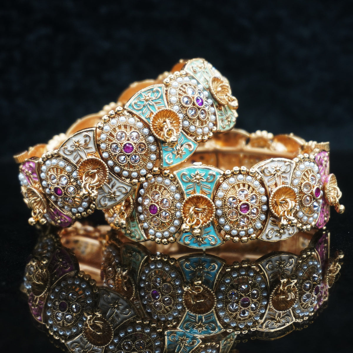 Designer Multicolor Kundan Meenakari Pearl Embellished Bridal Bangles Set