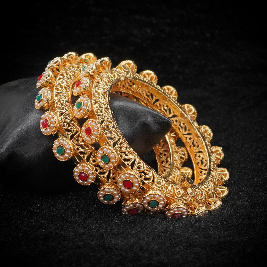 Gold Plated Designer Filigree Kangan Bangles Pair with Pearl Ruby Emerald Stones for Women Wedding Party Wear