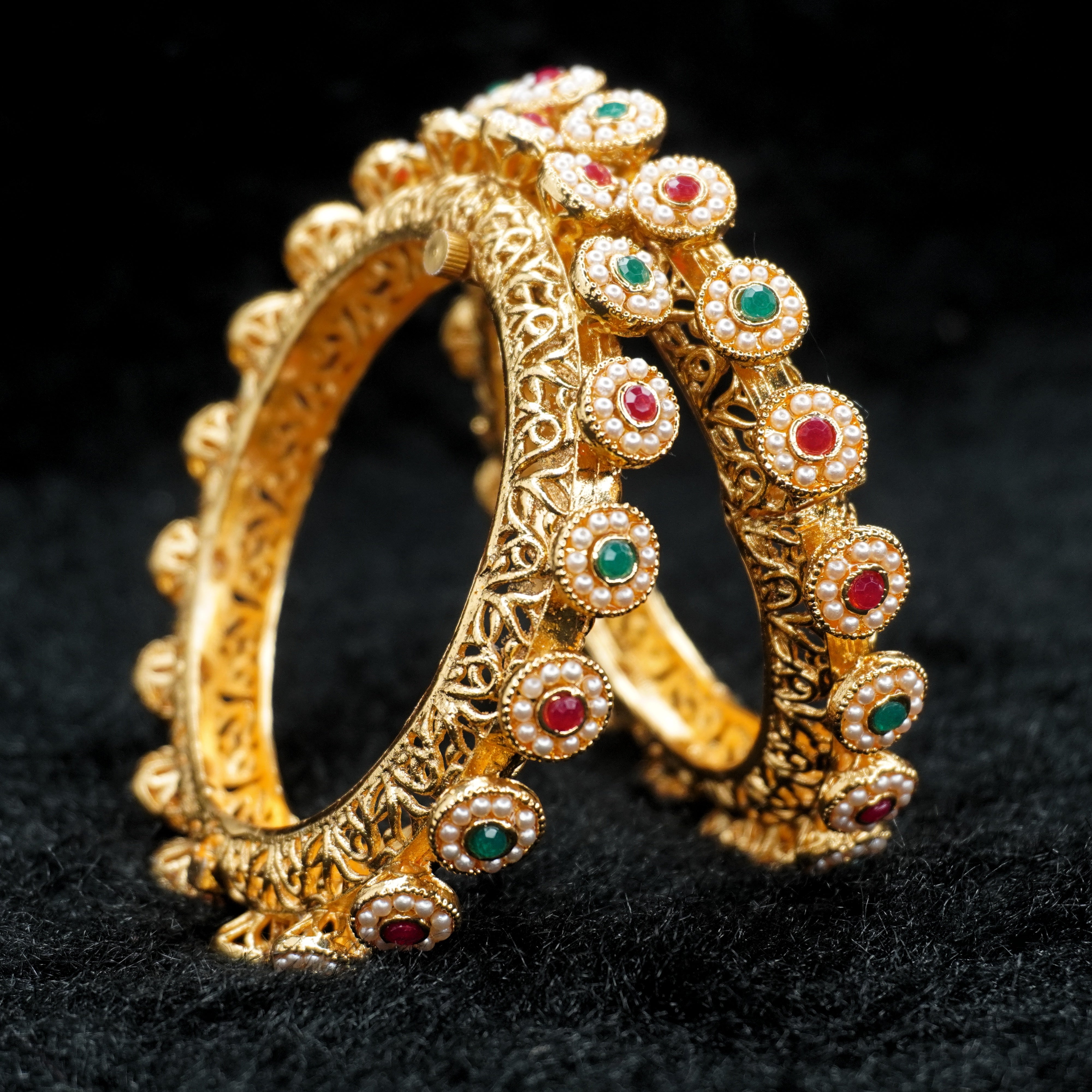 Gold Plated Designer Filigree Kangan Bangles Pair with Pearl Ruby Emerald Stones for Women Wedding Party Wear