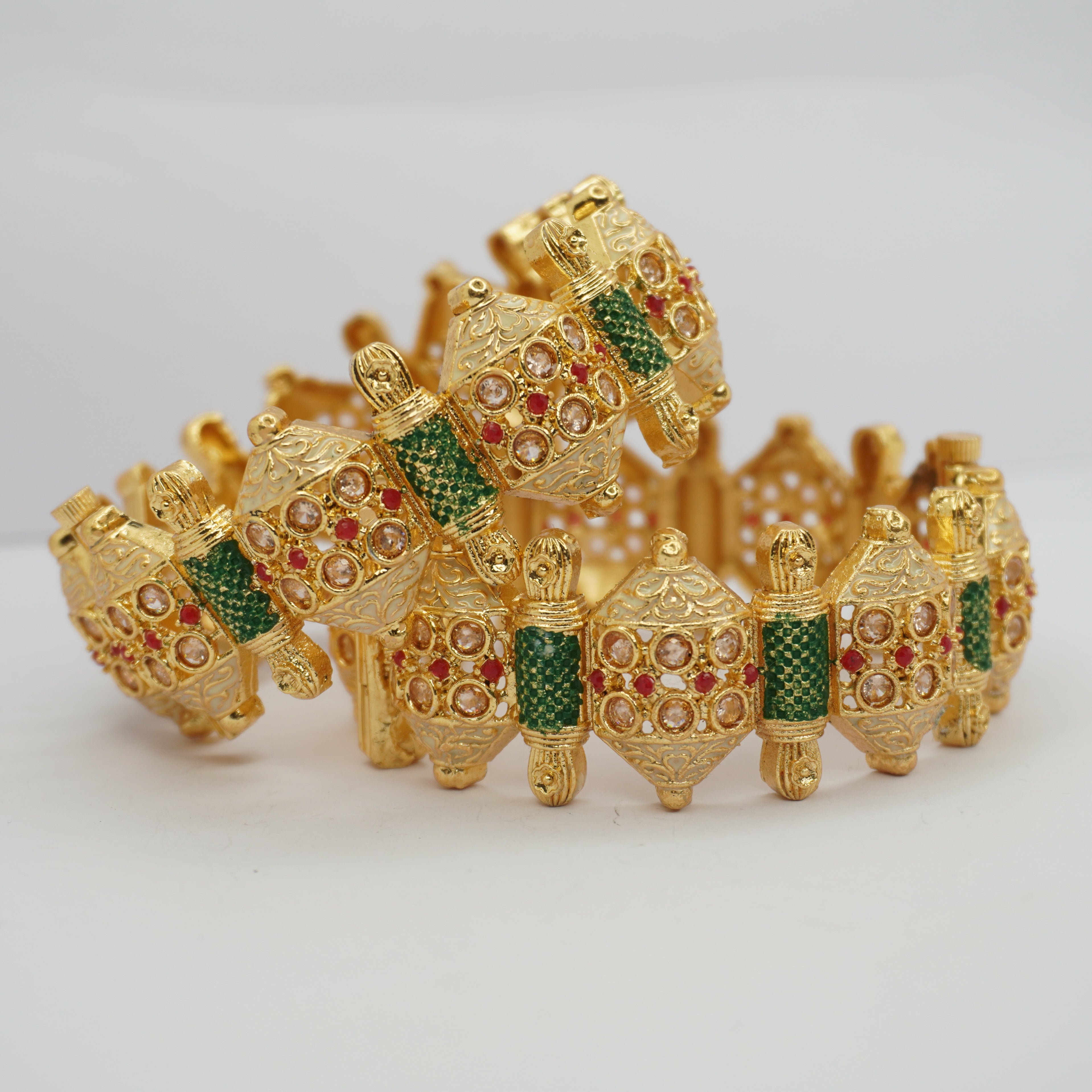 Traditional Indian Gold Tone Kundan Meenakari Bangles Pair – Green & White Ethnic Wedding Jewelry