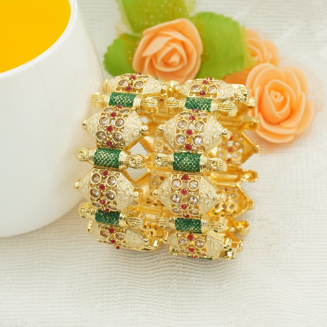 Traditional Indian Gold Tone Kundan Meenakari Bangles Pair – Green & White Ethnic Wedding Jewelry