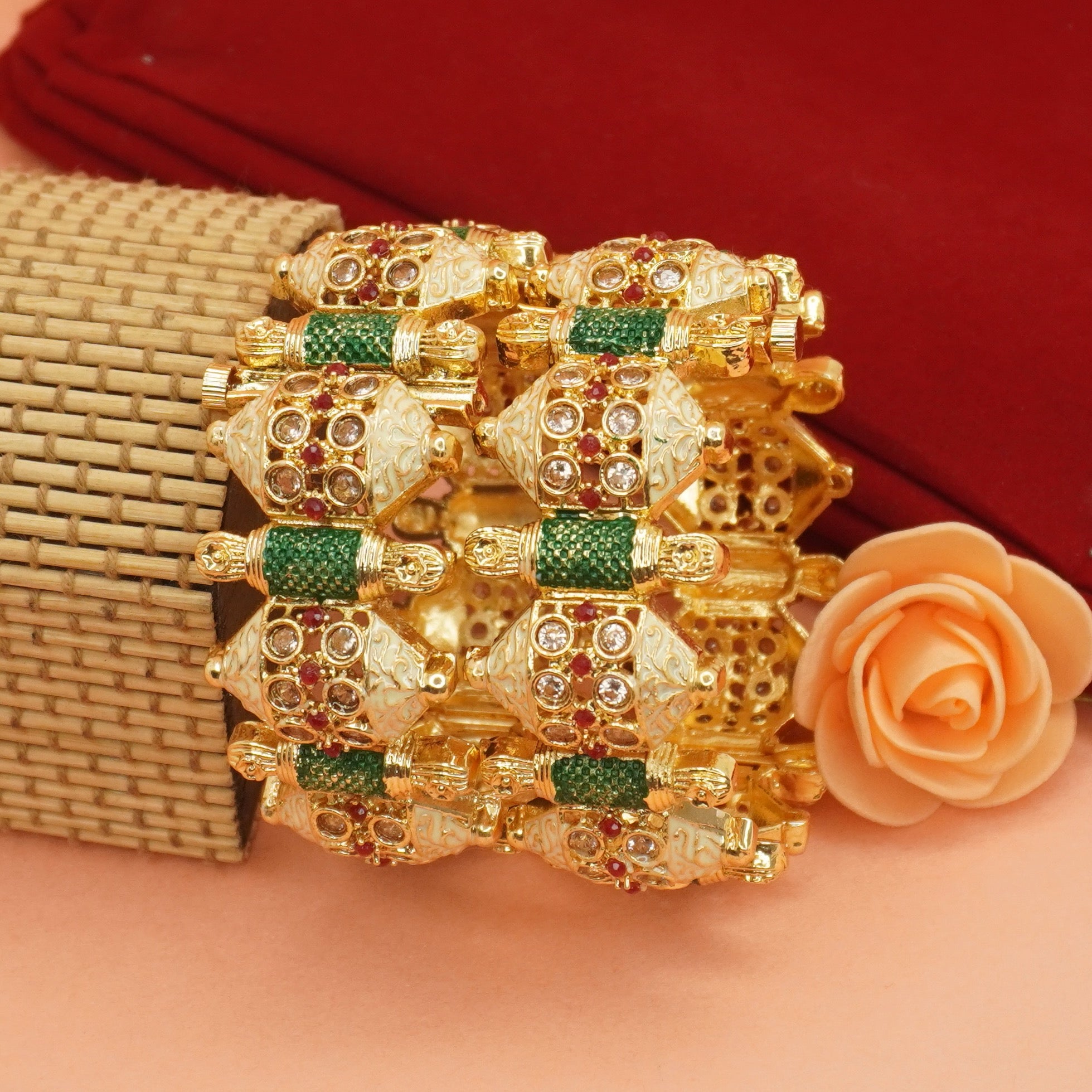 Traditional Indian Gold Tone Kundan Meenakari Bangles Pair – Green & White Ethnic Wedding Jewelry