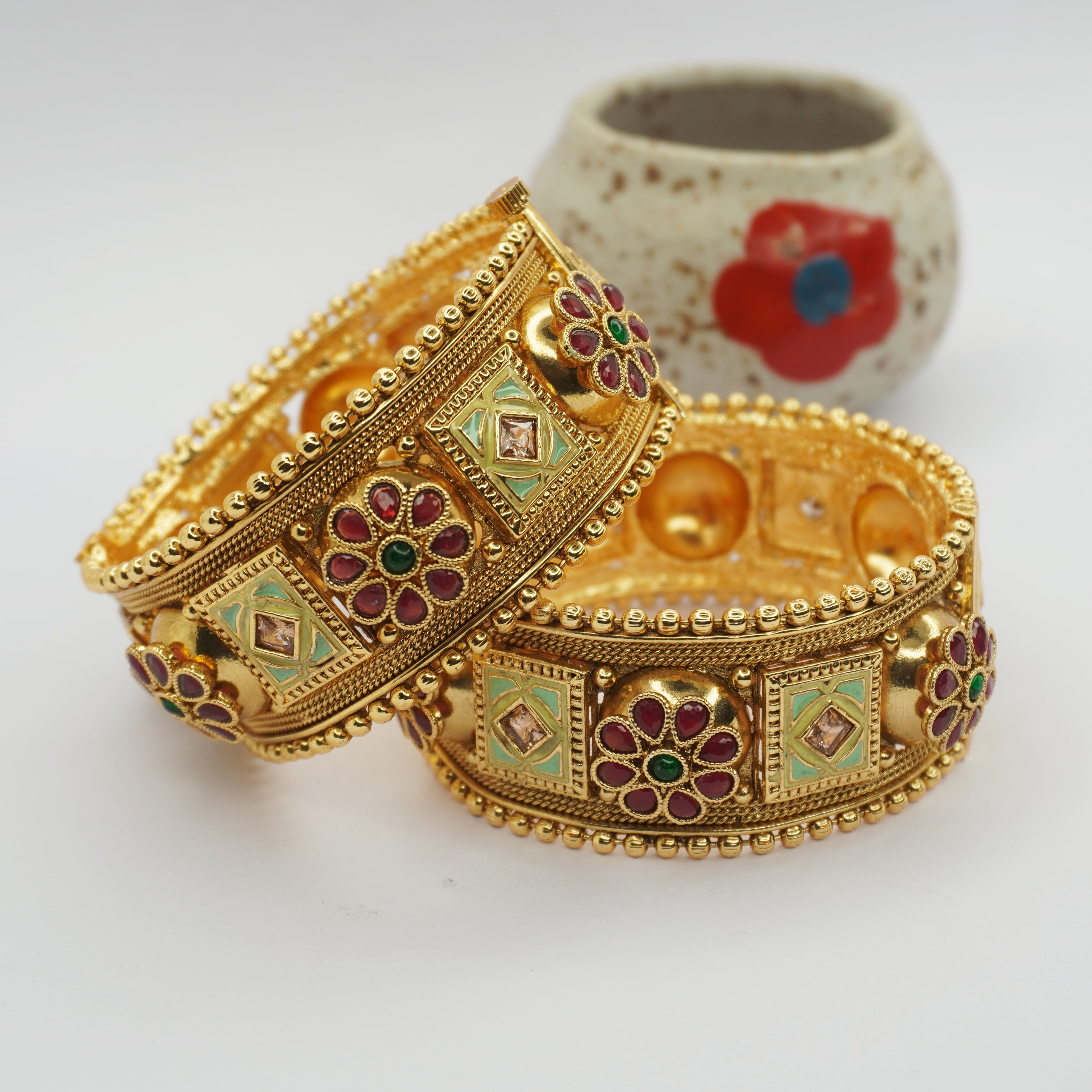 Handcrafted Indian Gold Plated Meenakari Floral Hinged Bangles Pair Ethnic Bridal Jewelry Gift for Women