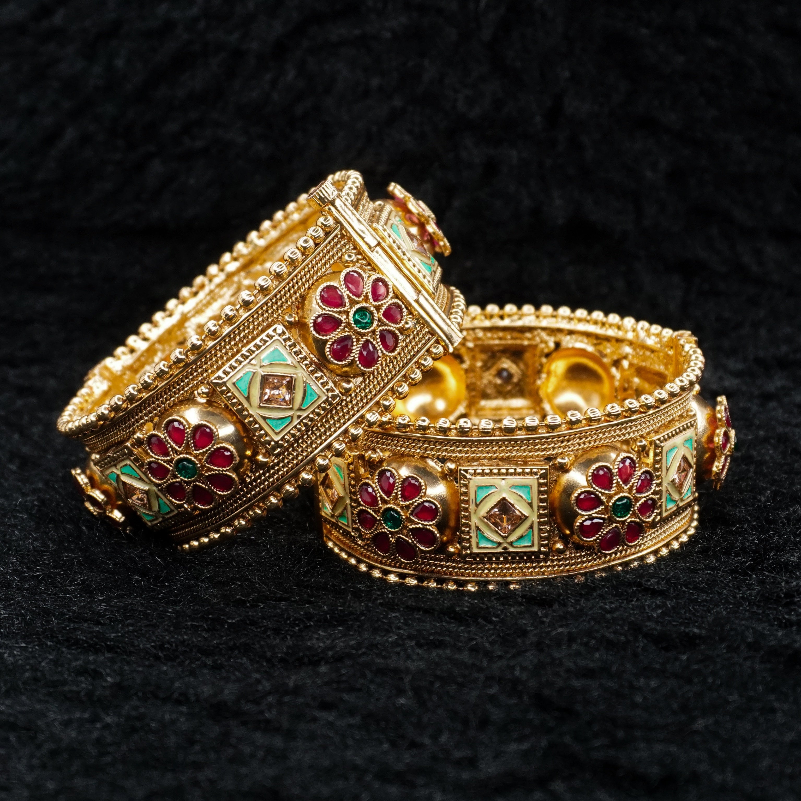 Handcrafted Indian Gold Plated Meenakari Floral Hinged Bangles Pair Ethnic Bridal Jewelry Gift for Women