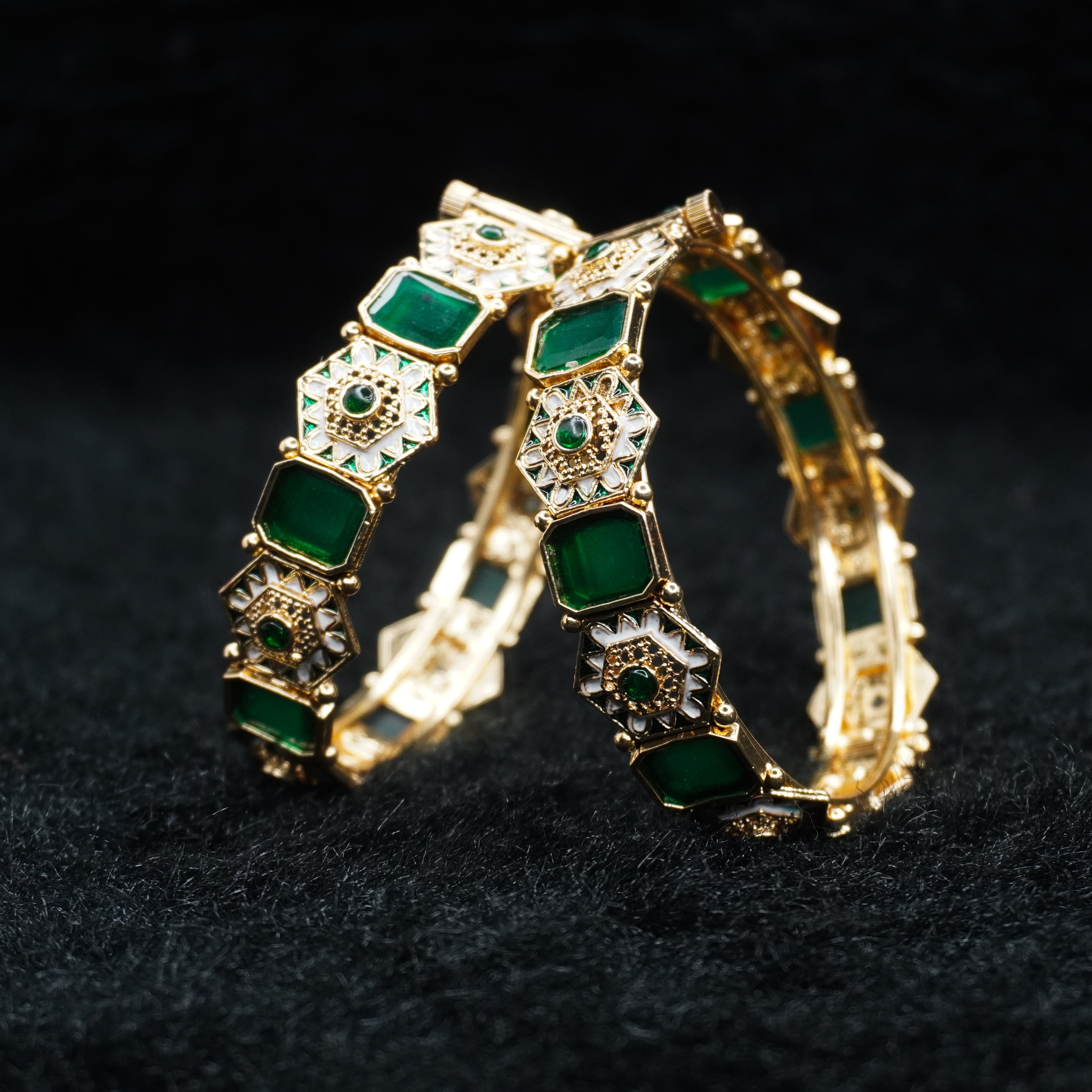 Designer Gold Plated Green Meenakari Openable Kangan Bangles Pair for Women Wedding & Festive Wear