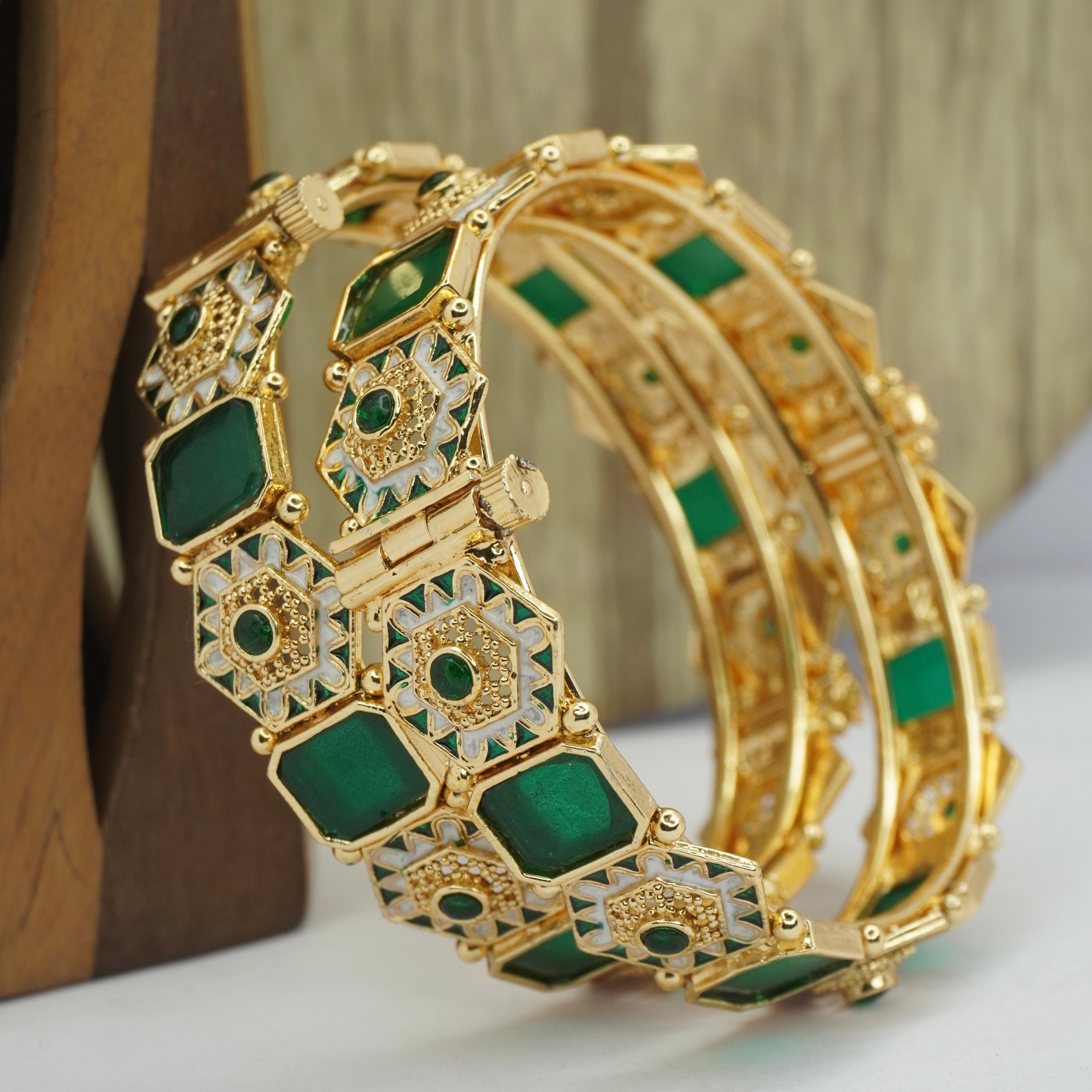 Designer Gold Plated Green Meenakari Openable Kangan Bangles Pair for Women Wedding & Festive Wear