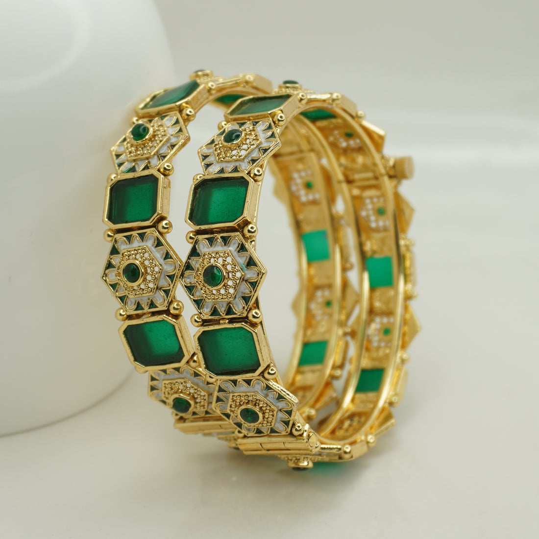 Designer Gold Plated Green Meenakari Openable Kangan Bangles Pair for Women Wedding & Festive Wear