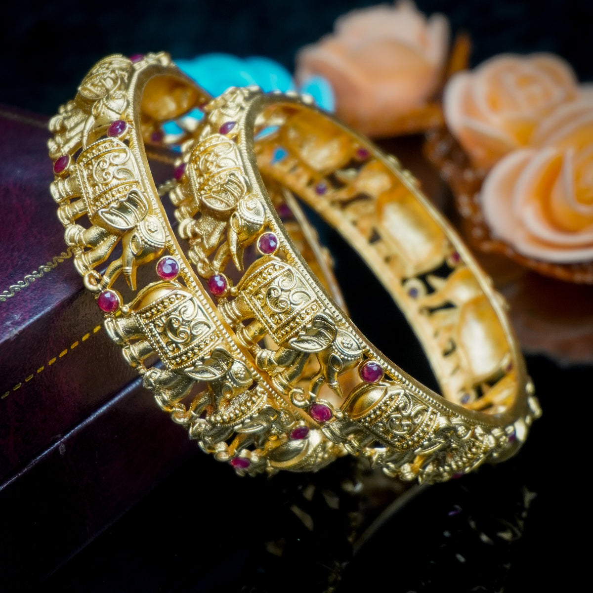 Gold-Plated Elephant Temple Bangles Set of 2 with Ruby Red Stones – Antique Traditional Wear