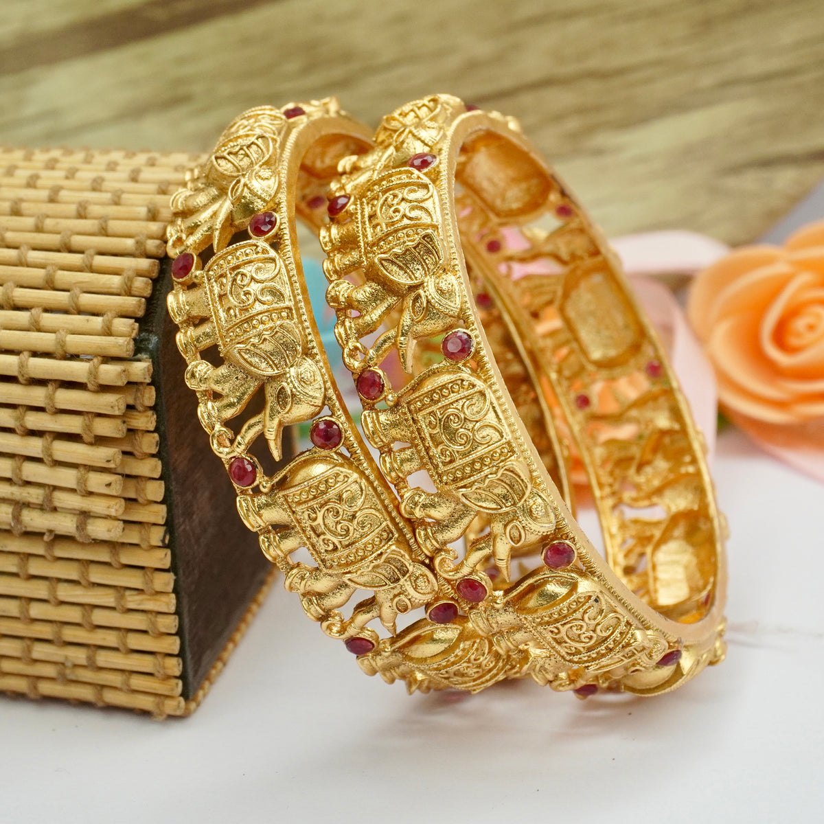Gold-Plated Elephant Temple Bangles Set of 2 with Ruby Red Stones – Antique Traditional Wear