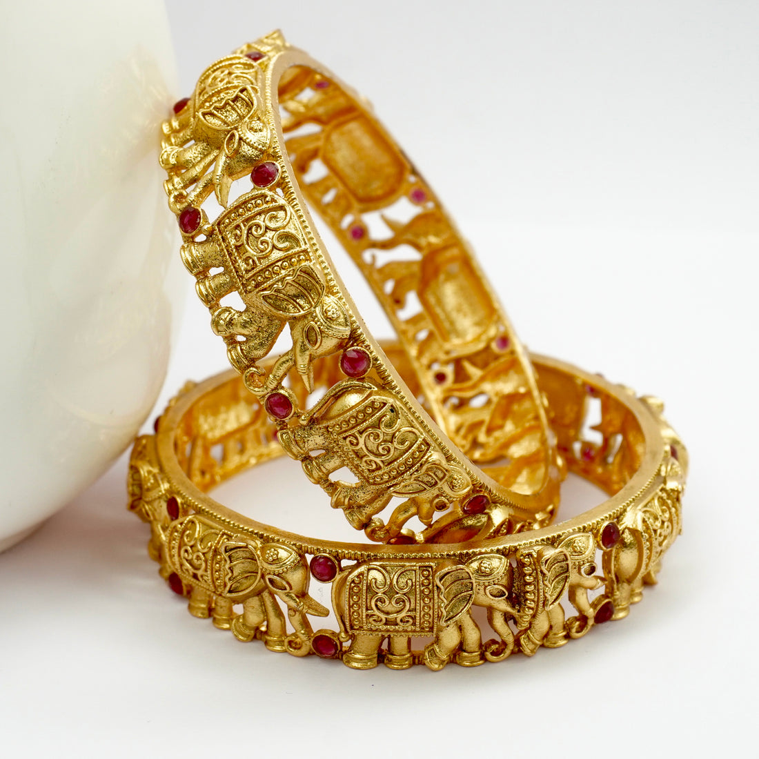 Gold-Plated Elephant Temple Bangles Set of 2 with Ruby Red Stones – Antique Traditional Wear
