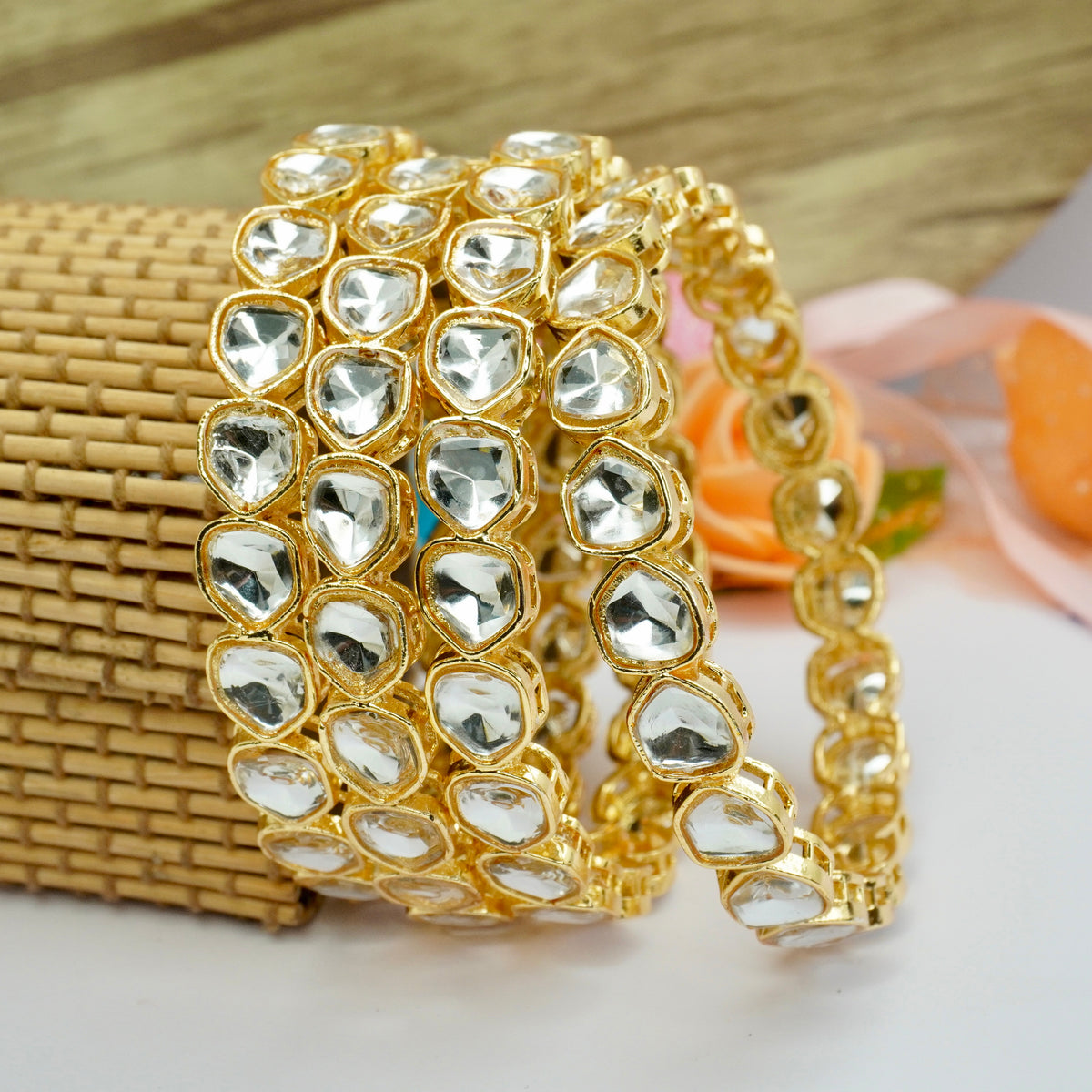 Gold-Plated Polki Kundan Bangles Set of 4 with White Stones – Traditional Bridal Wear