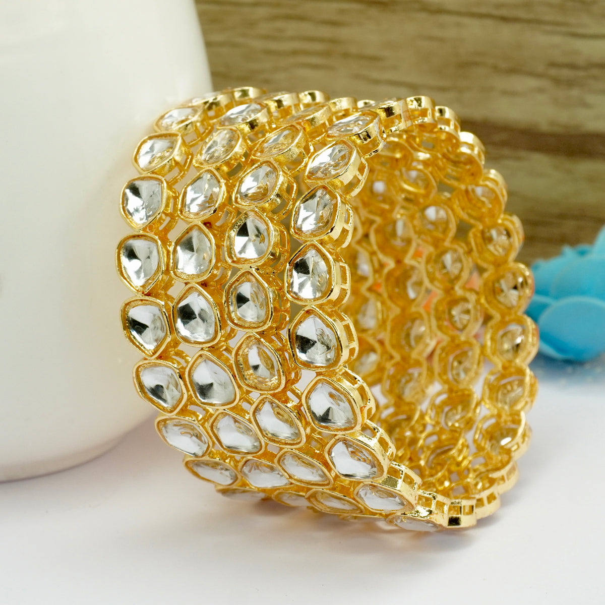 Gold-Plated Polki Kundan Bangles Set of 4 with White Stones – Traditional Bridal Wear