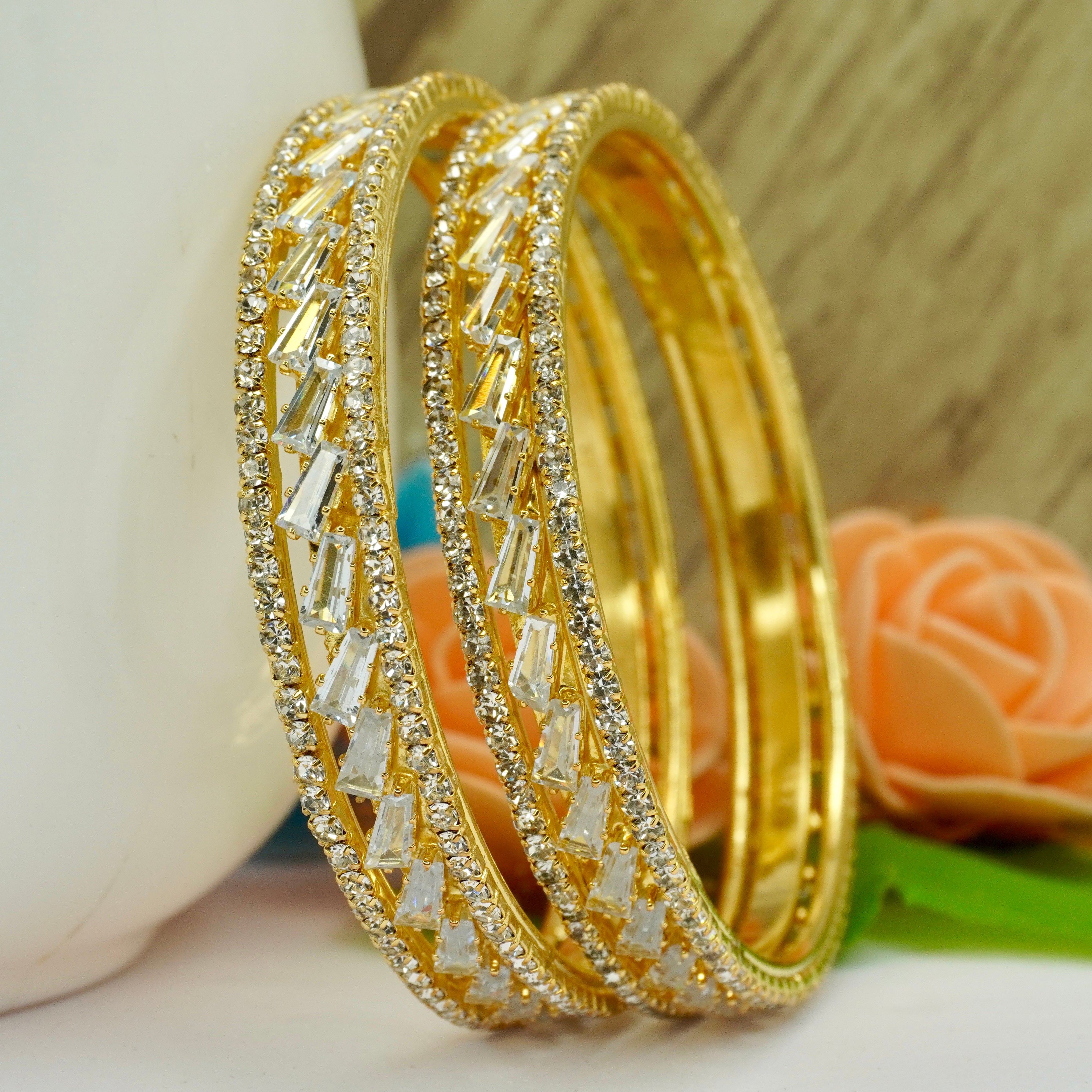 Premium Gold Plated AD Stone Bangles Pair for Women Wedding Bridal Party Wear Traditional Jewellery