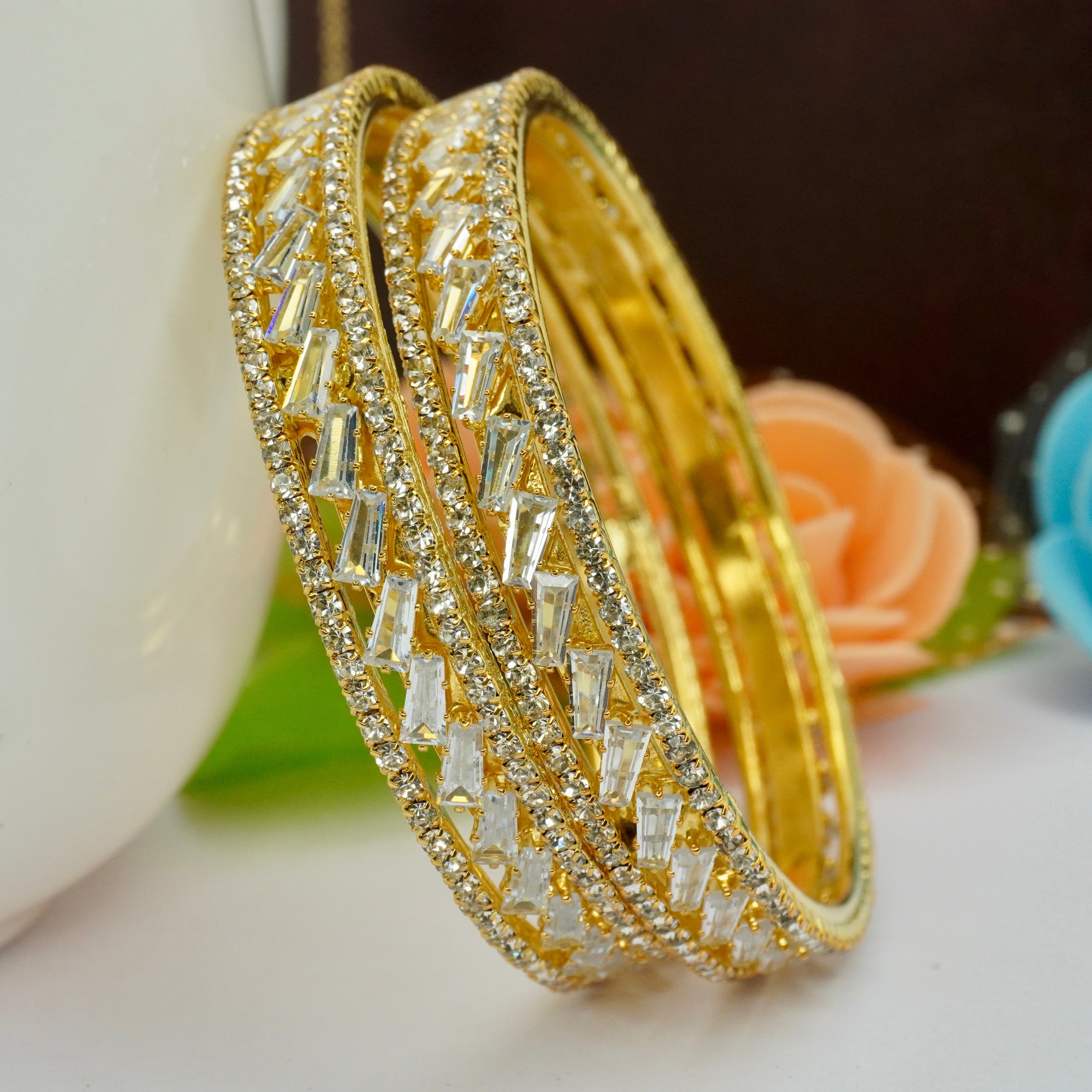 Premium Gold Plated AD Stone Bangles Pair for Women Wedding Bridal Party Wear Traditional Jewellery