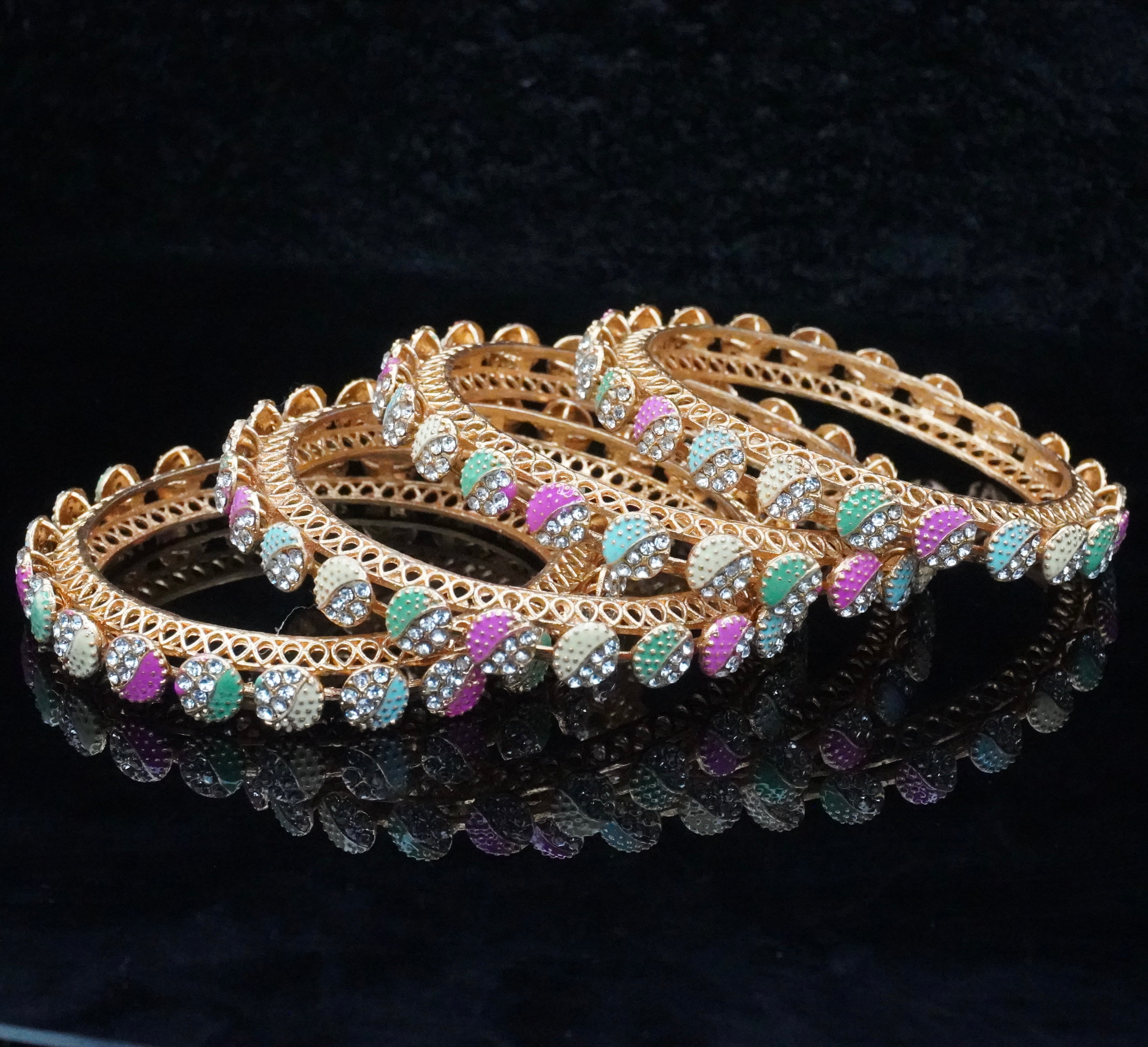 Latest Gold Plated Meenakari American Diamond Bangles Pair for Women Ethnic Bridal Wedding Party Wear