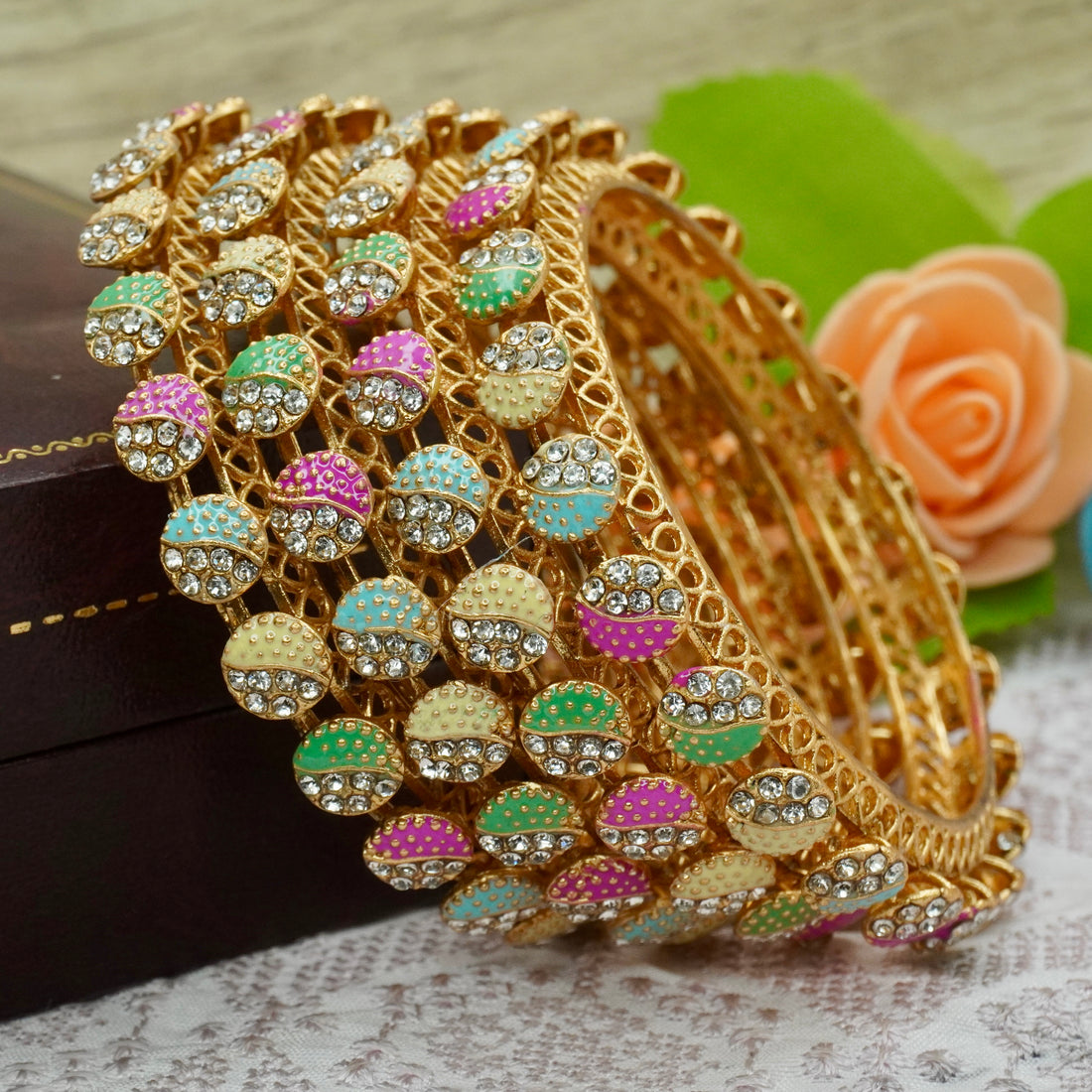Latest Gold Plated Meenakari American Diamond Bangles Pair for Women Ethnic Bridal Wedding Party Wear