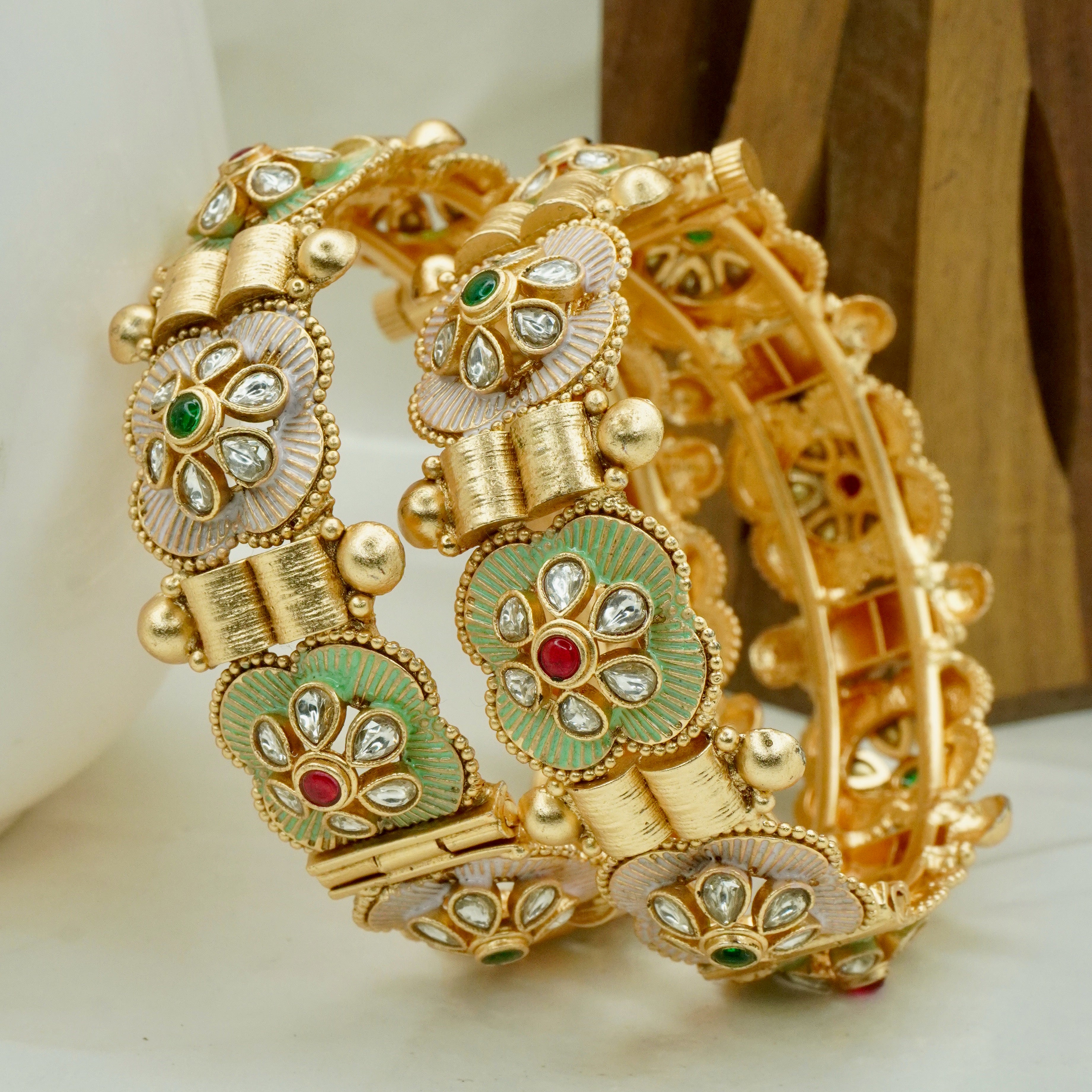 Traditional Bridal Kundan Meenakari Openable Kangan Pair Gold Plated Wedding Bangles for Women