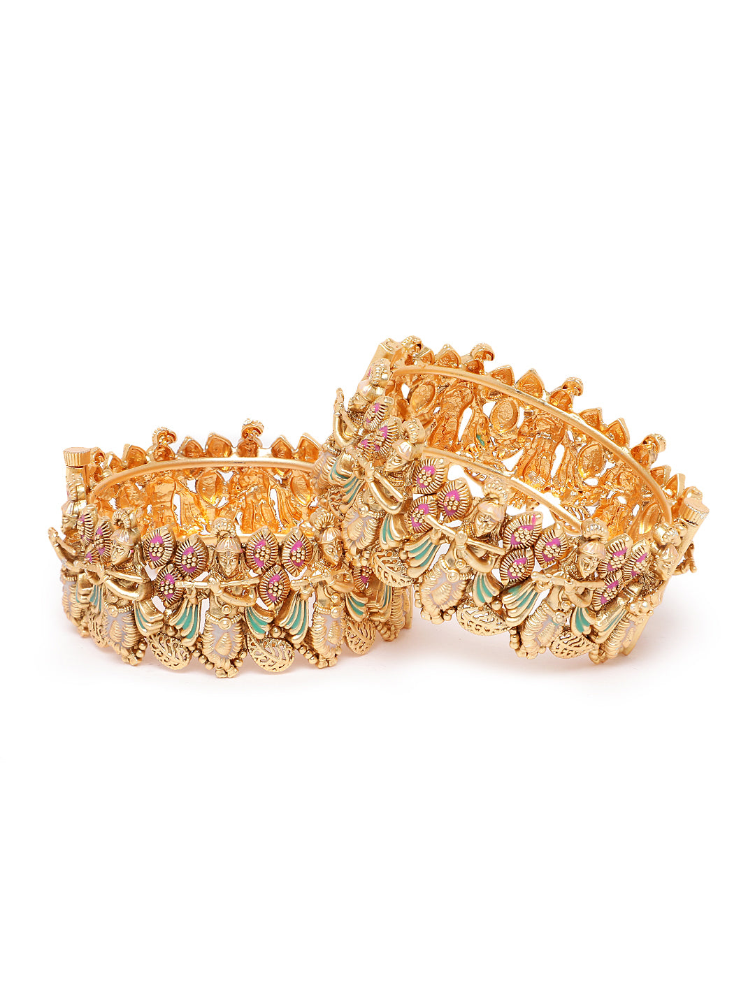 Gold Plated Lord Krishna Temple Bangles Pair for Women Traditional Meenakari Bridal Kangan