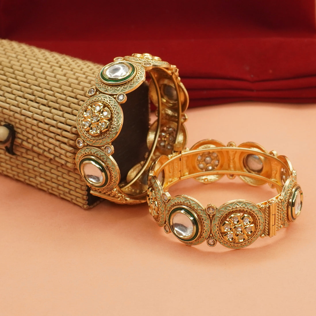 Handcrafted Indian Gold Plated Kundan Meenakari Bridal Bangles Pair Traditional Jewelry
