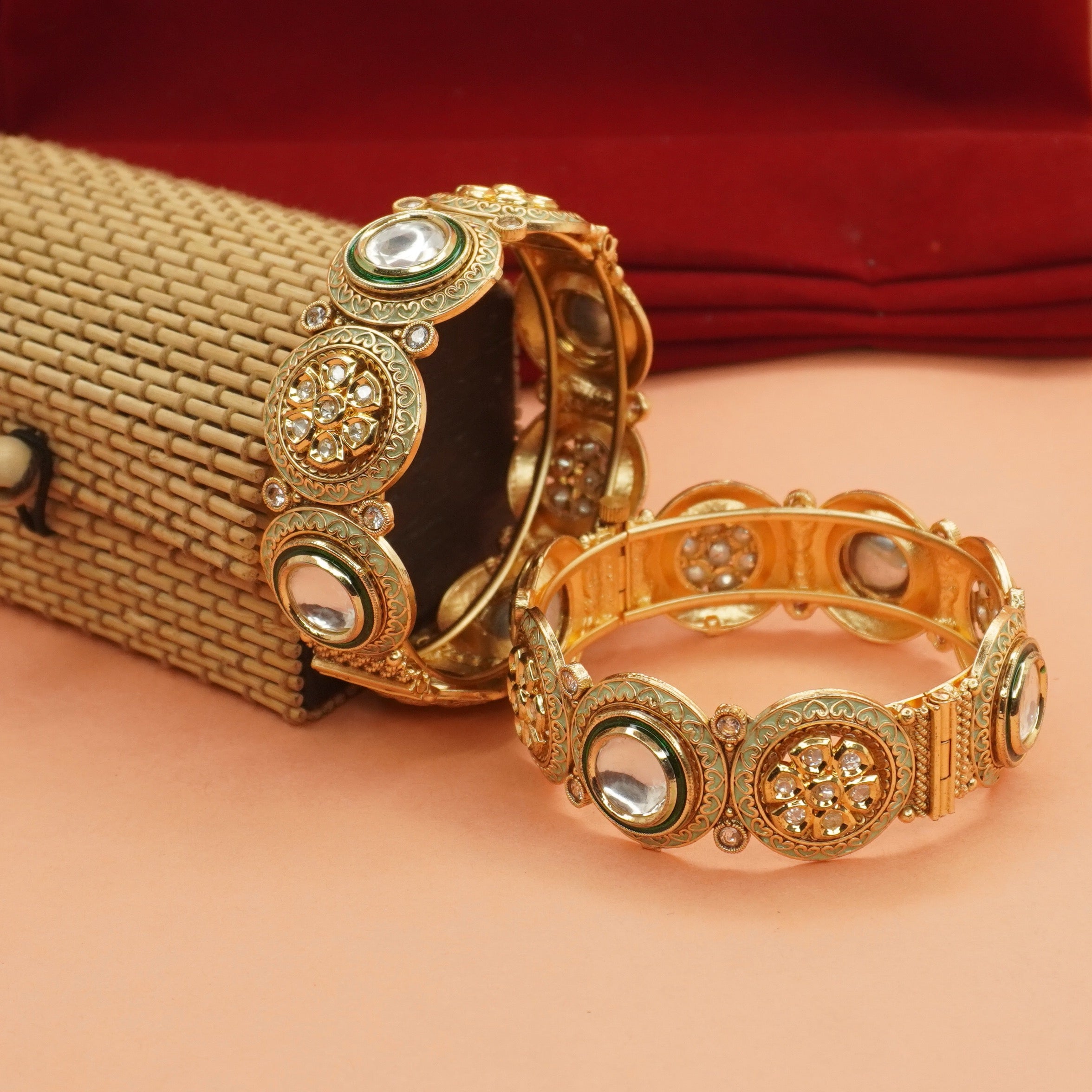 Handcrafted Indian Gold Plated Kundan Meenakari Bridal Bangles Pair Traditional Jewelry