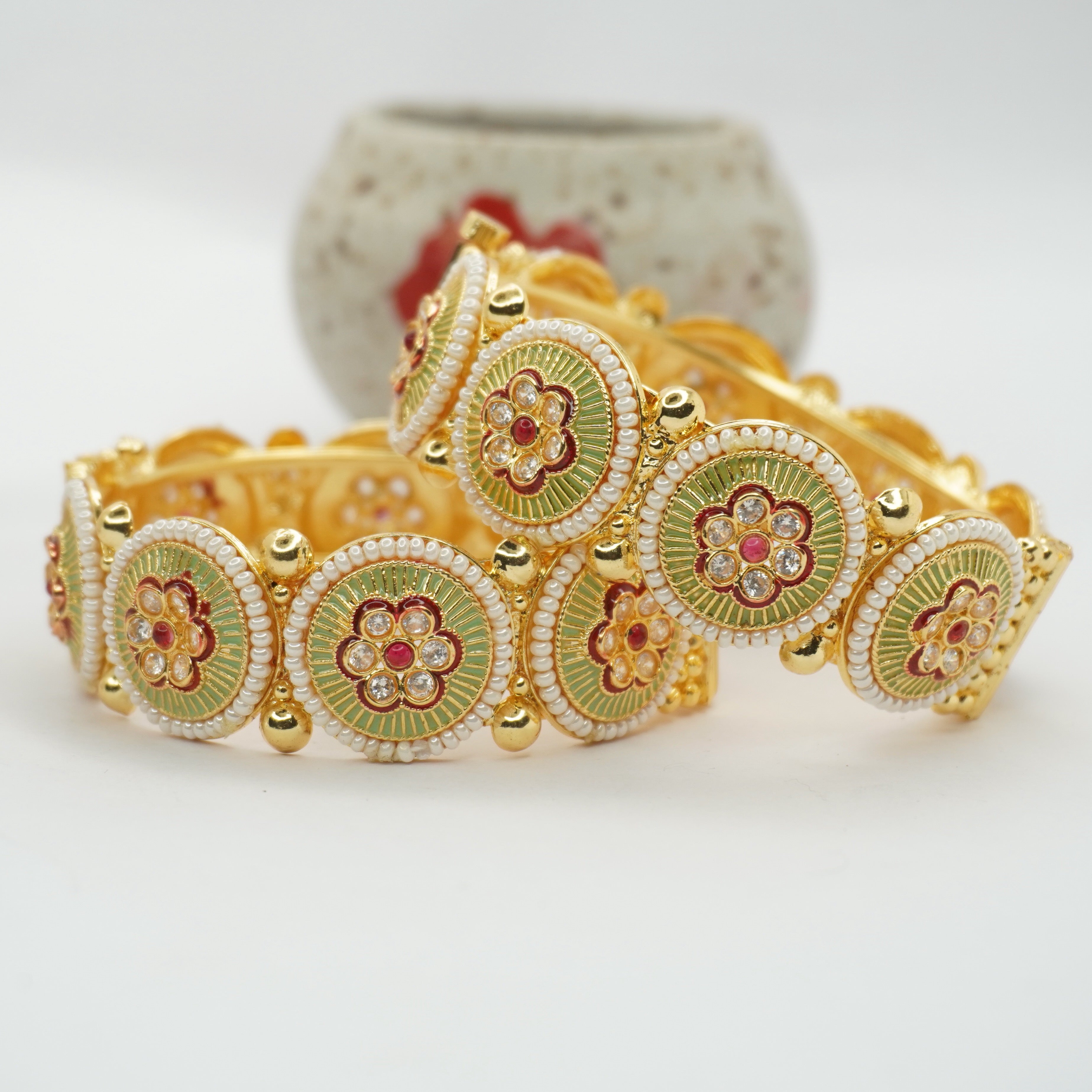 Gold Plated Meenakari Floral AD Bangles Pair for Women – Traditional Pearl Kangan for Bridal Wedding & Festive Wear