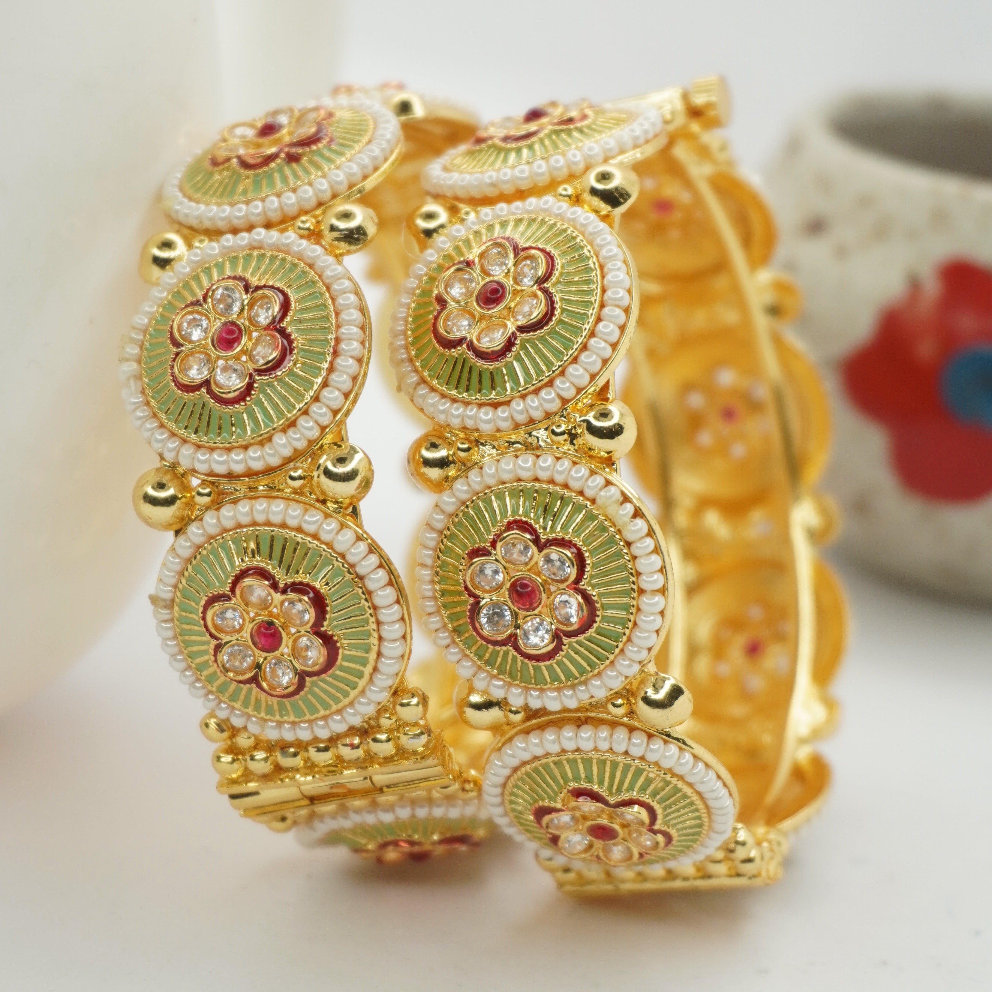 Gold Plated Meenakari Floral AD Bangles Pair for Women – Traditional Pearl Kangan for Bridal Wedding & Festive Wear