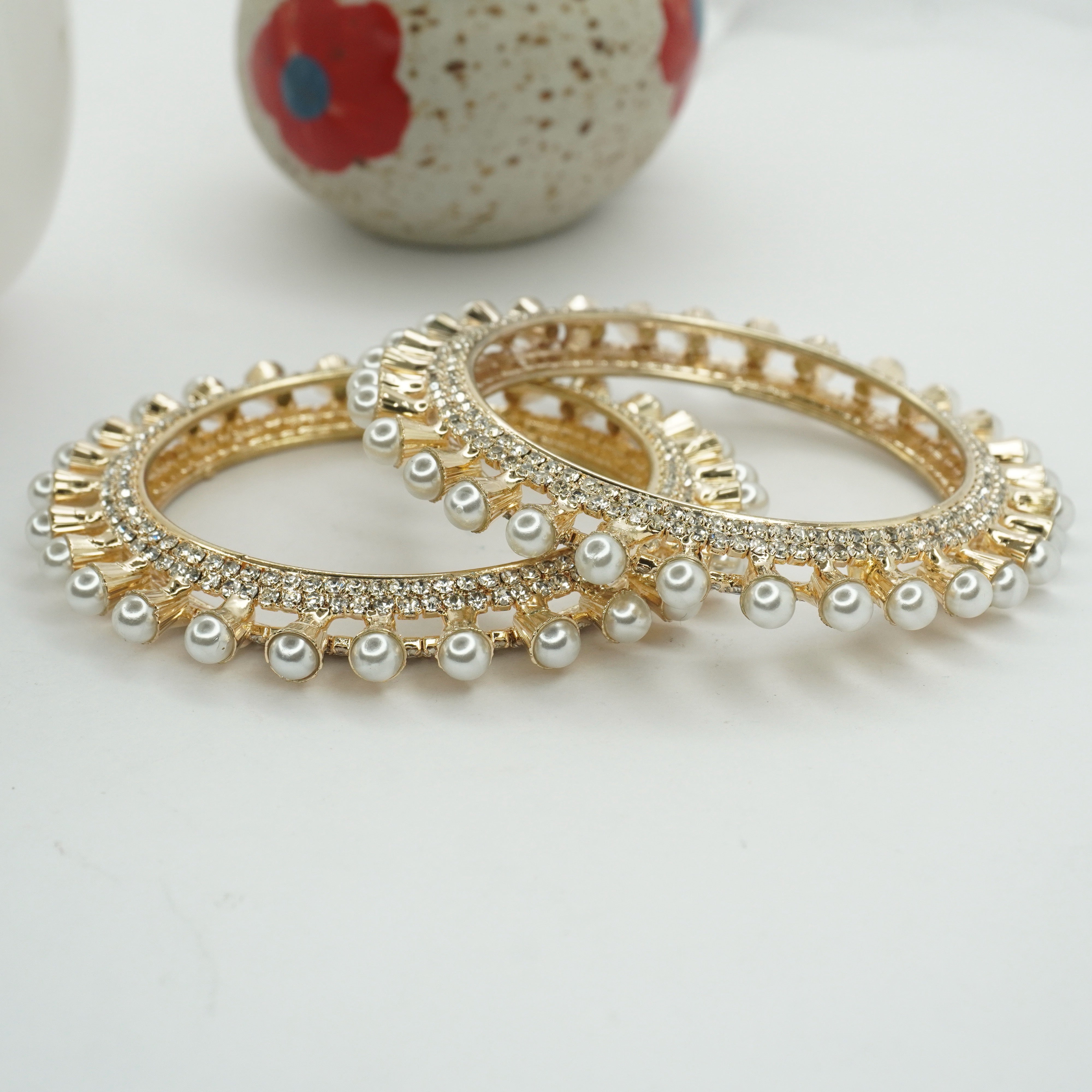 Traditional Bridal Gold Plated Pearl AD Kangan Pair for Women Indian Wedding Bangles