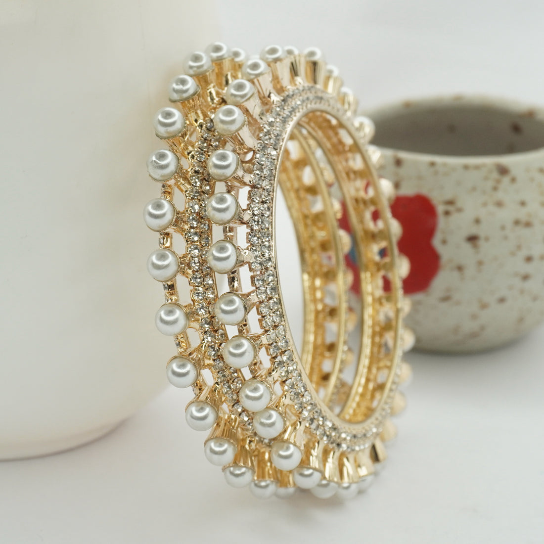 Traditional Bridal Gold Plated Pearl AD Kangan Pair for Women Indian Wedding Bangles