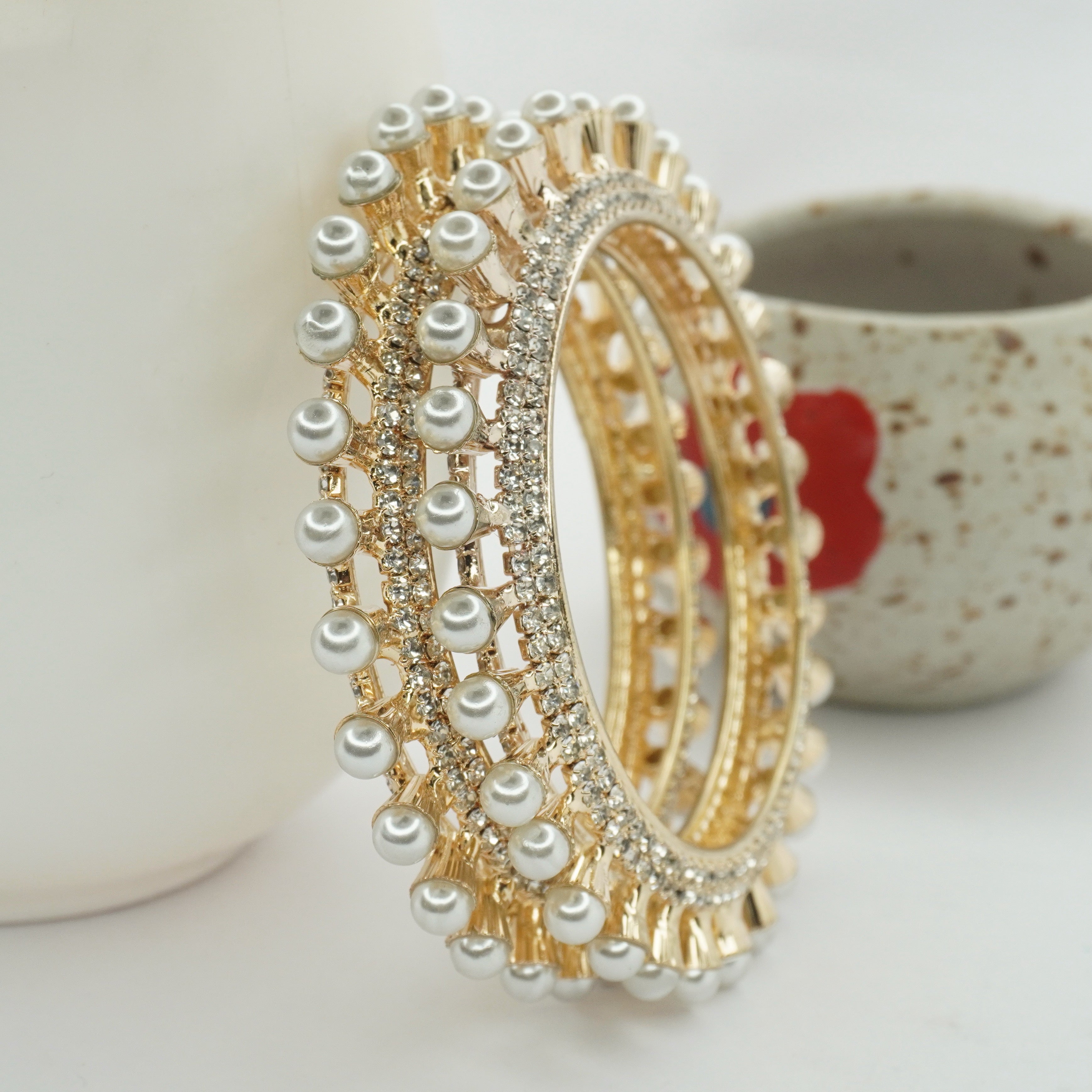 Traditional Bridal Gold Plated Pearl AD Kangan Pair for Women Indian Wedding Bangles
