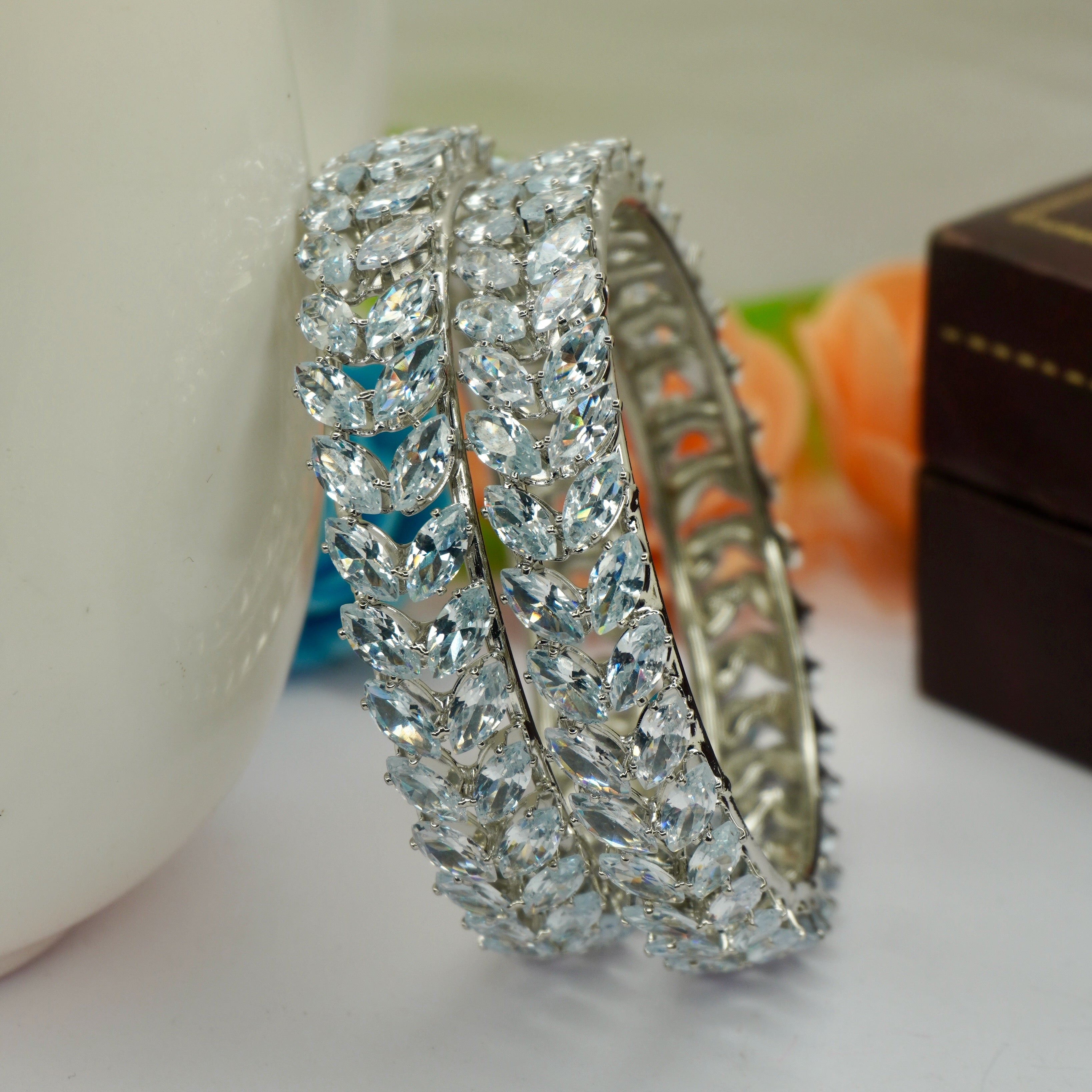Latest Silver AD Bangles Pair for Women Stylish CZ Stone Party Wear Wedding Kangan