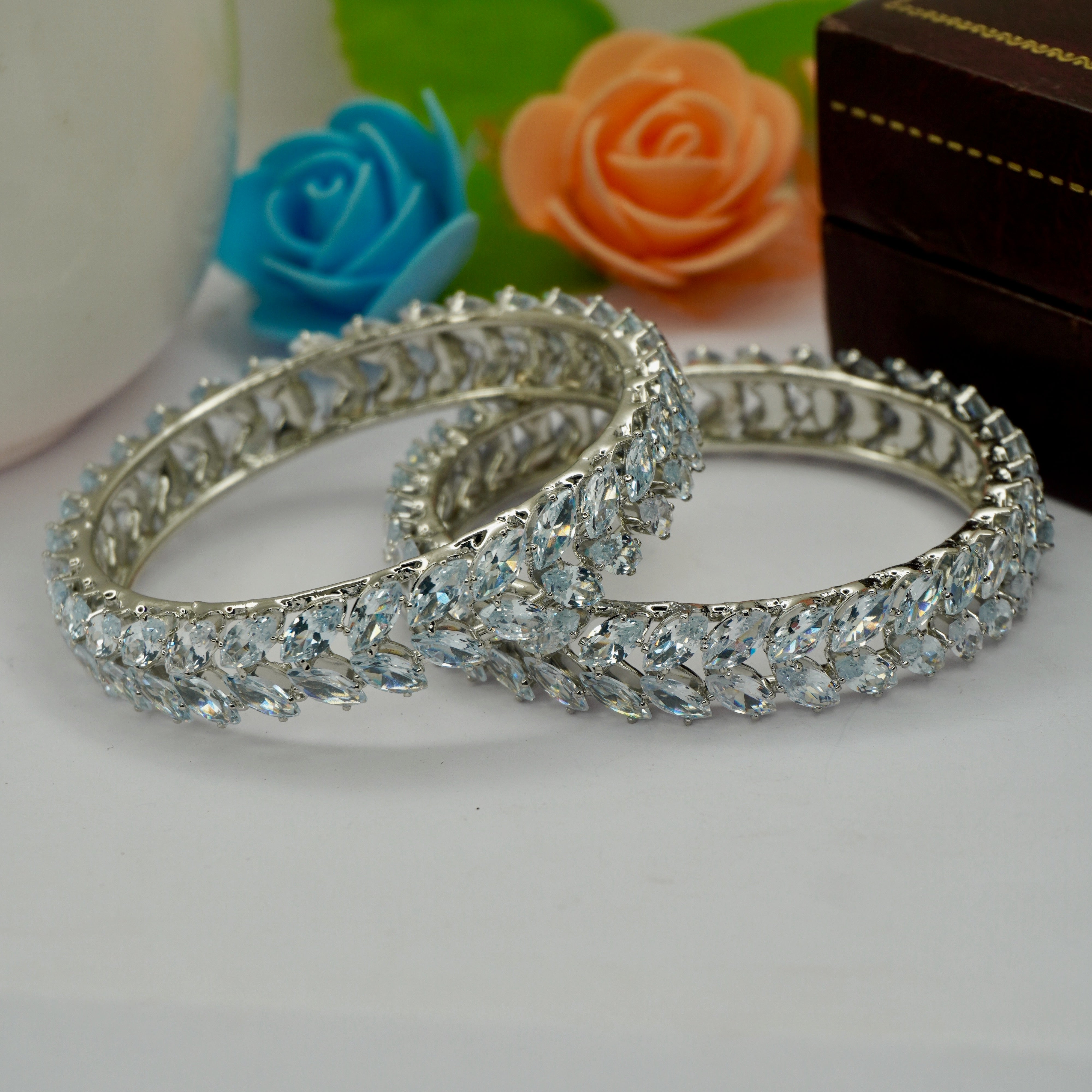 Latest Silver AD Bangles Pair for Women Stylish CZ Stone Party Wear Wedding Kangan