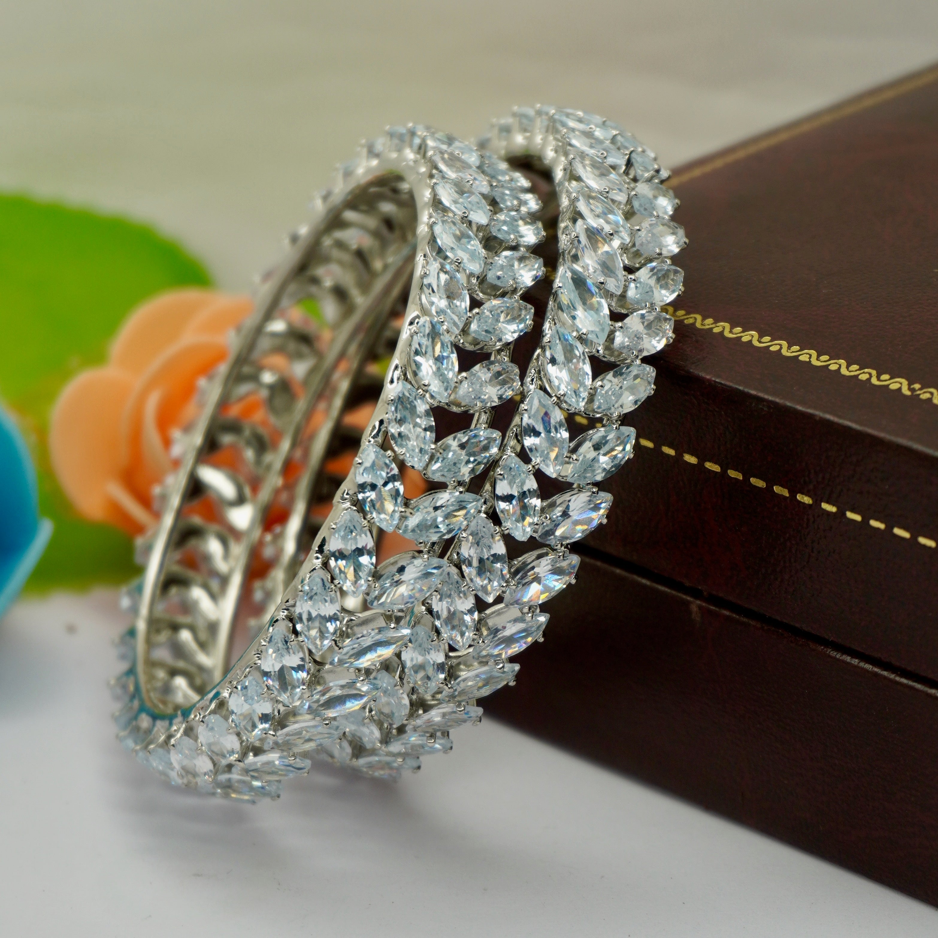 Latest Silver AD Bangles Pair for Women Stylish CZ Stone Party Wear Wedding Kangan