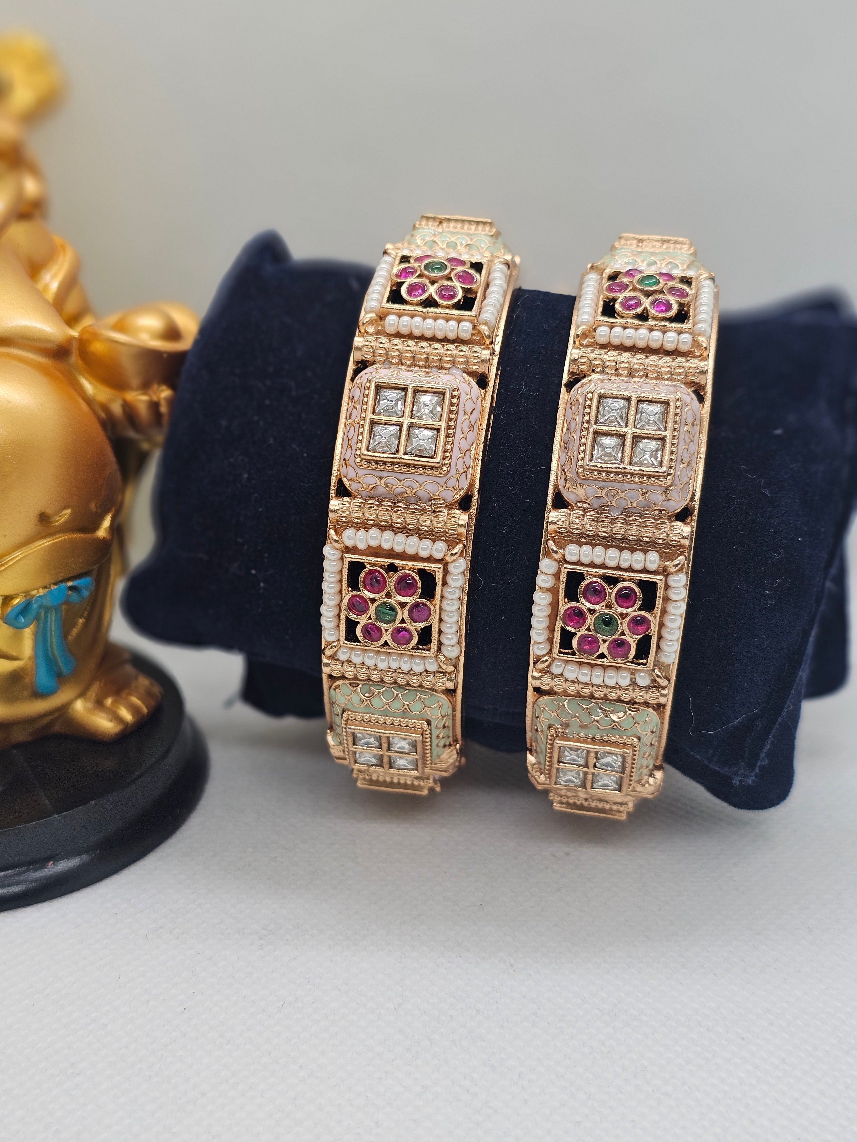 Premium Gold Plated Pink Meenakari Kundan Pearl Kangan Bangles Pair for Women Wedding Ethnic Party Wear