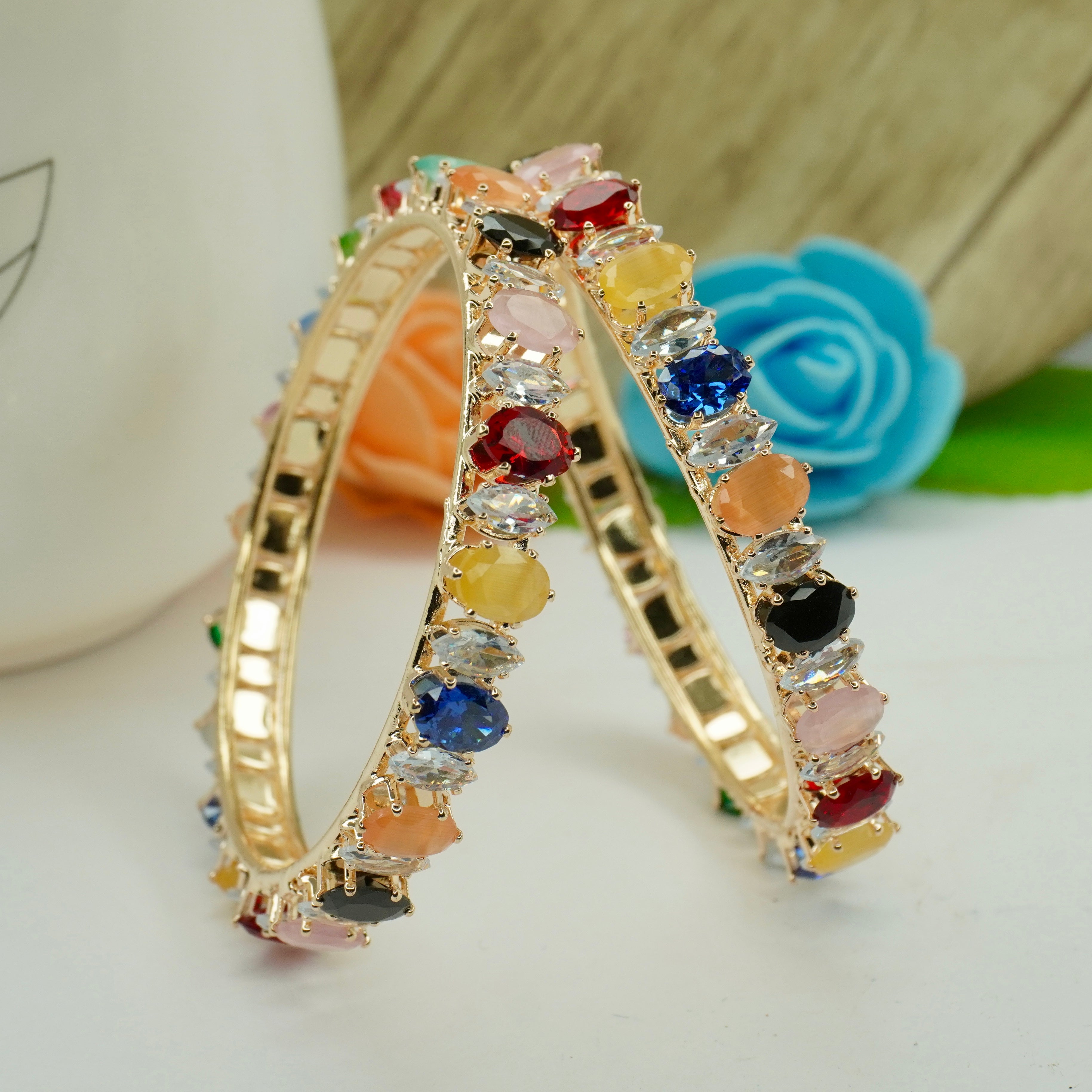 Designer Gold Plated Multicolor CZ AD Bangles Pair for Women Bridal Wedding Party Wear