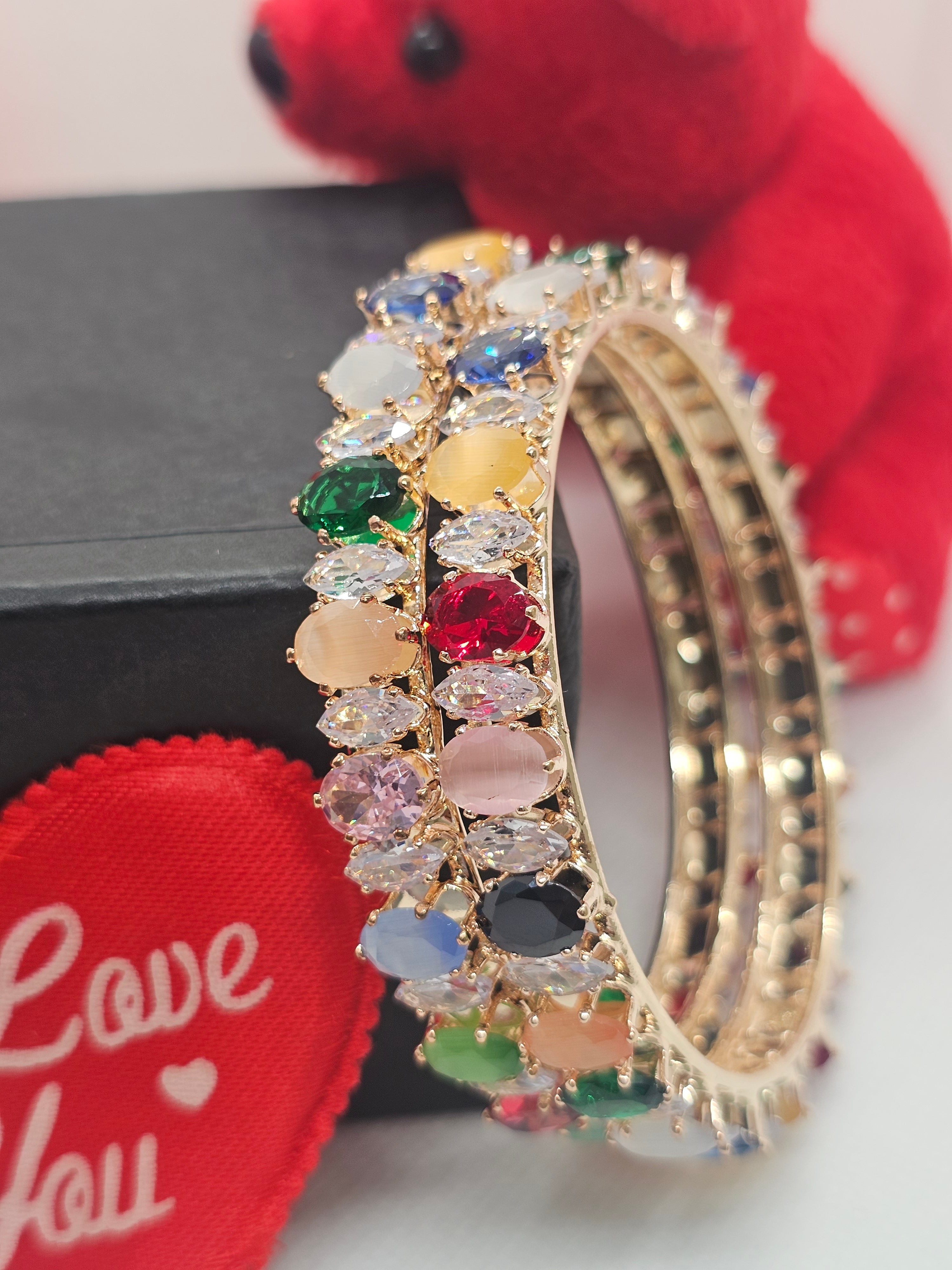 Designer Gold Plated Multicolor CZ AD Bangles Pair for Women Bridal Wedding Party Wear