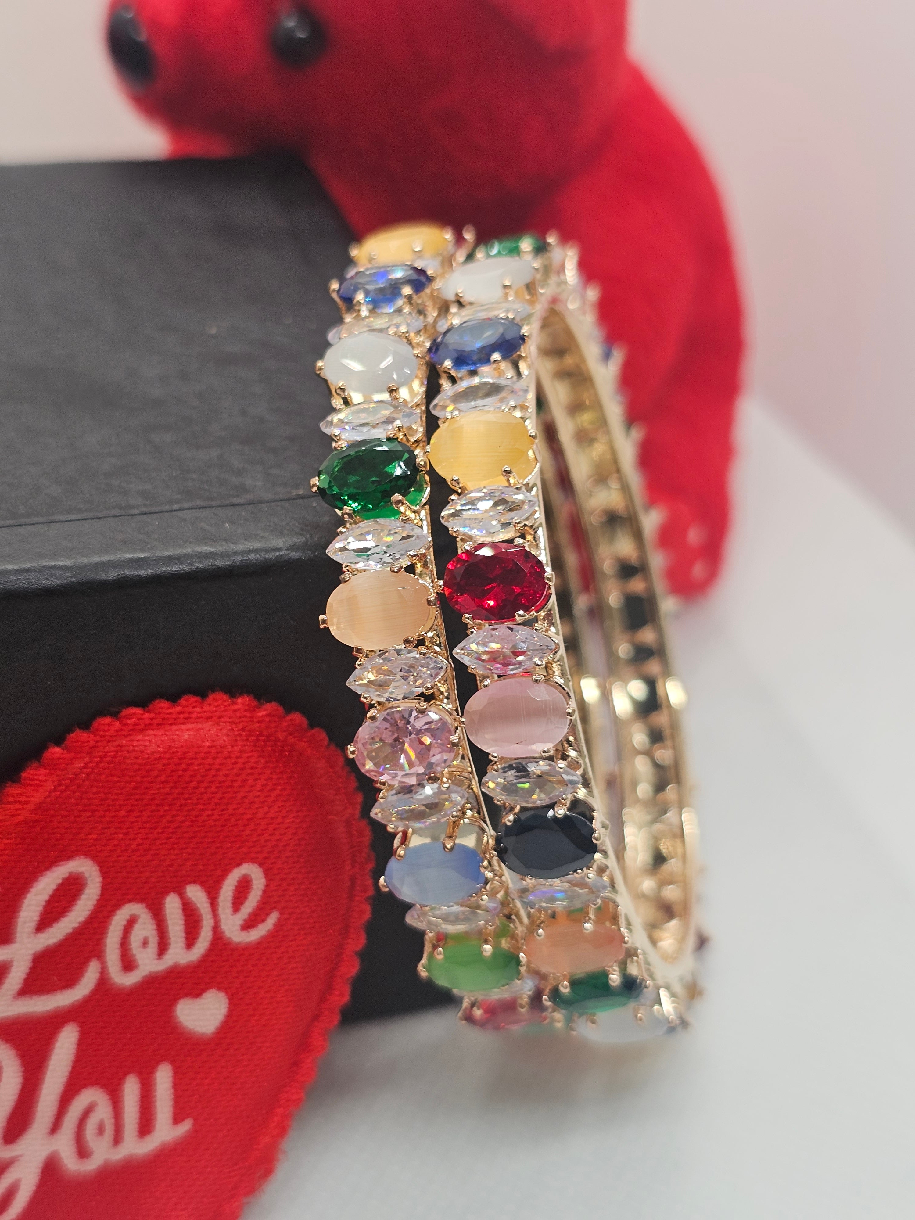 Designer Gold Plated Multicolor CZ AD Bangles Pair for Women Bridal Wedding Party Wear