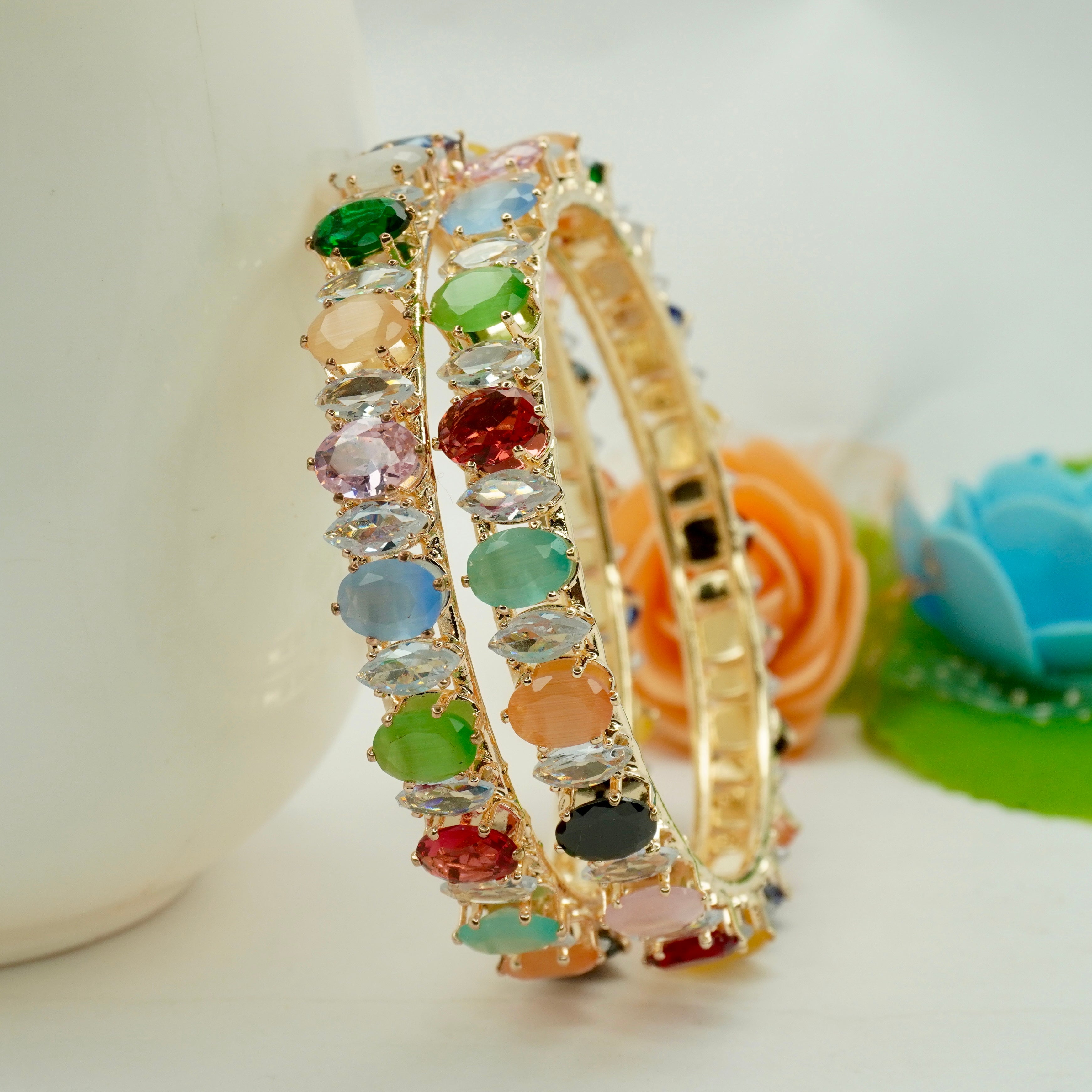 Designer Gold Plated Multicolor CZ AD Bangles Pair for Women Bridal Wedding Party Wear