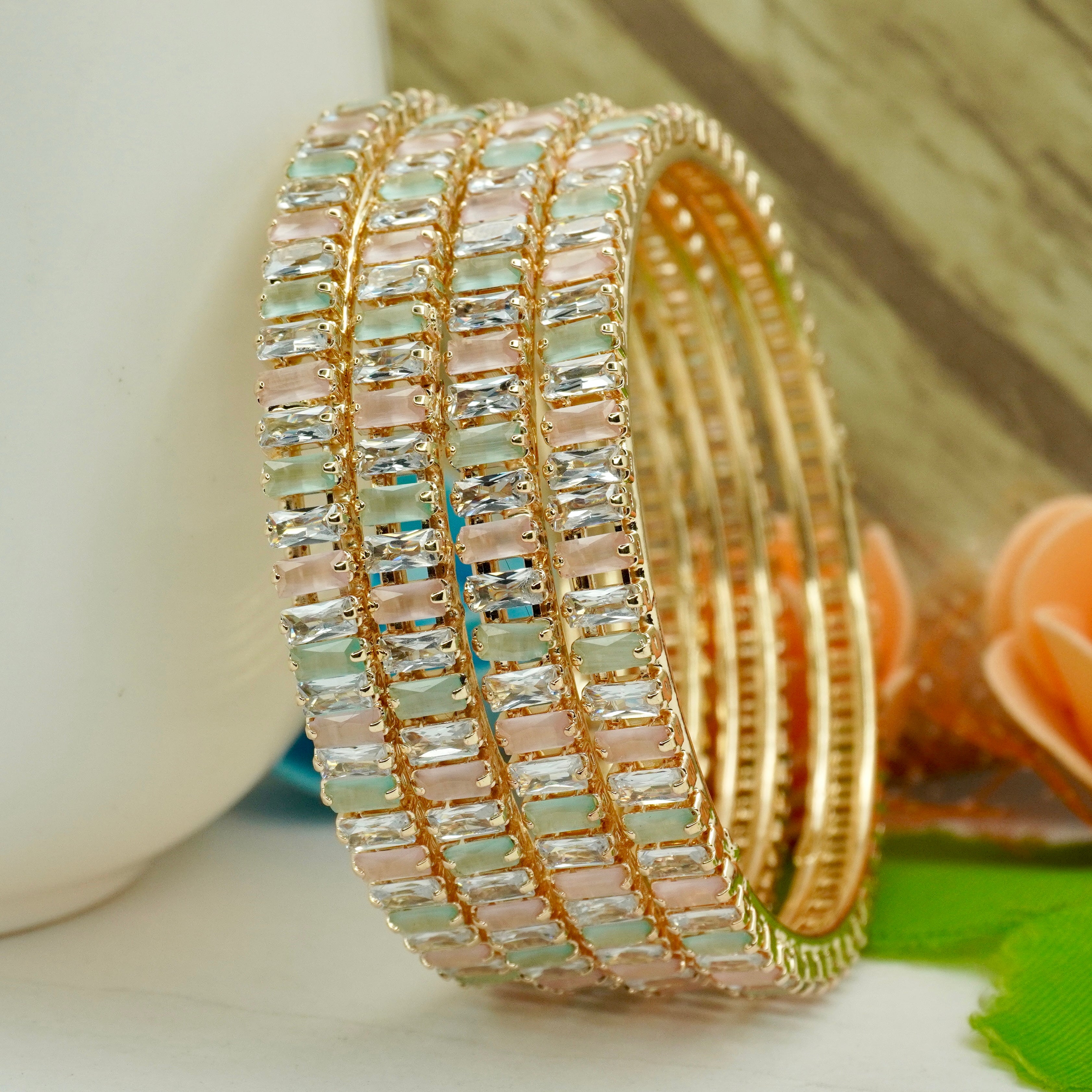 Trending Designer Gold Bangles Set Pastel AD Chudi for Women Wedding Festival Wear