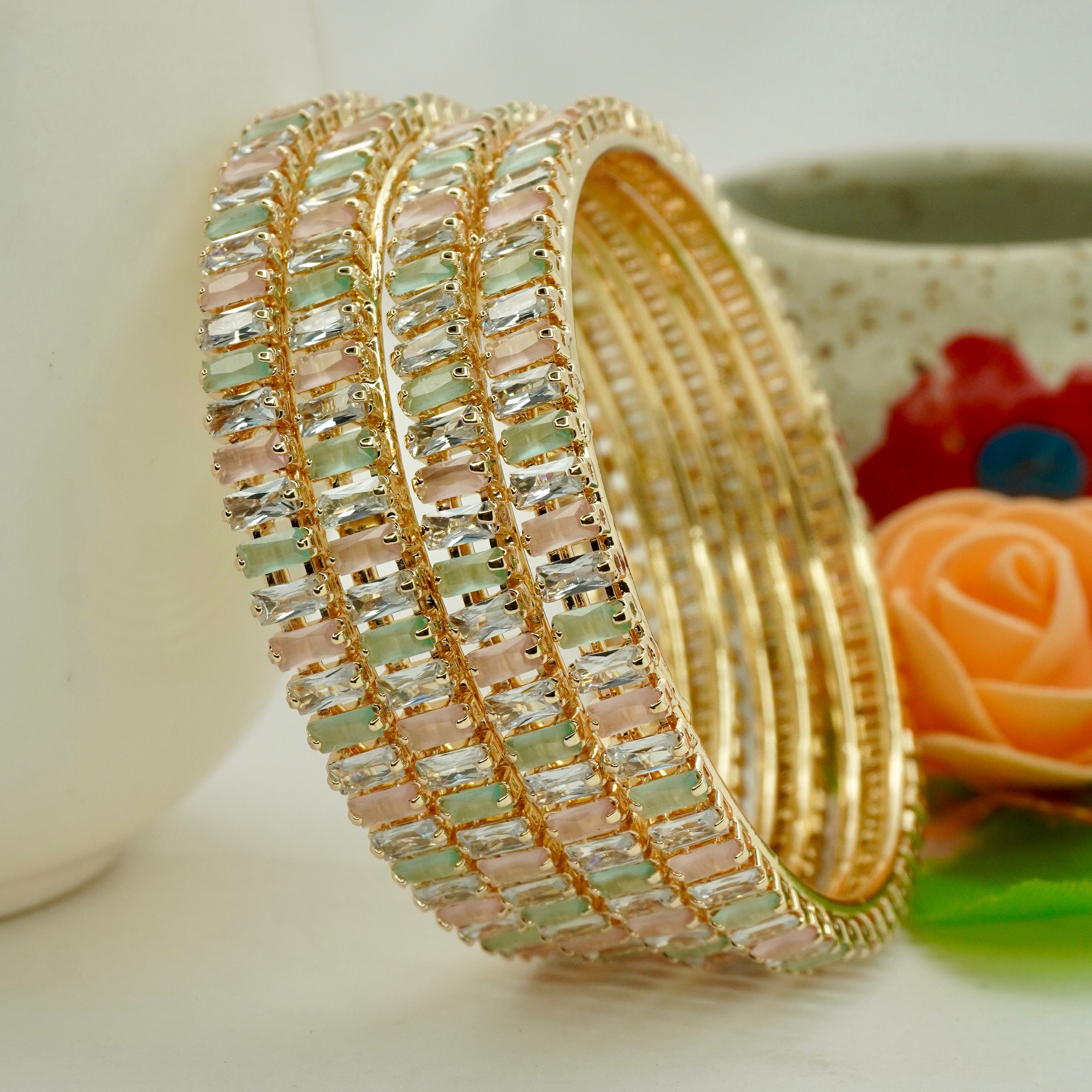Trending Designer Gold Bangles Set Pastel AD Chudi for Women Wedding Festival Wear