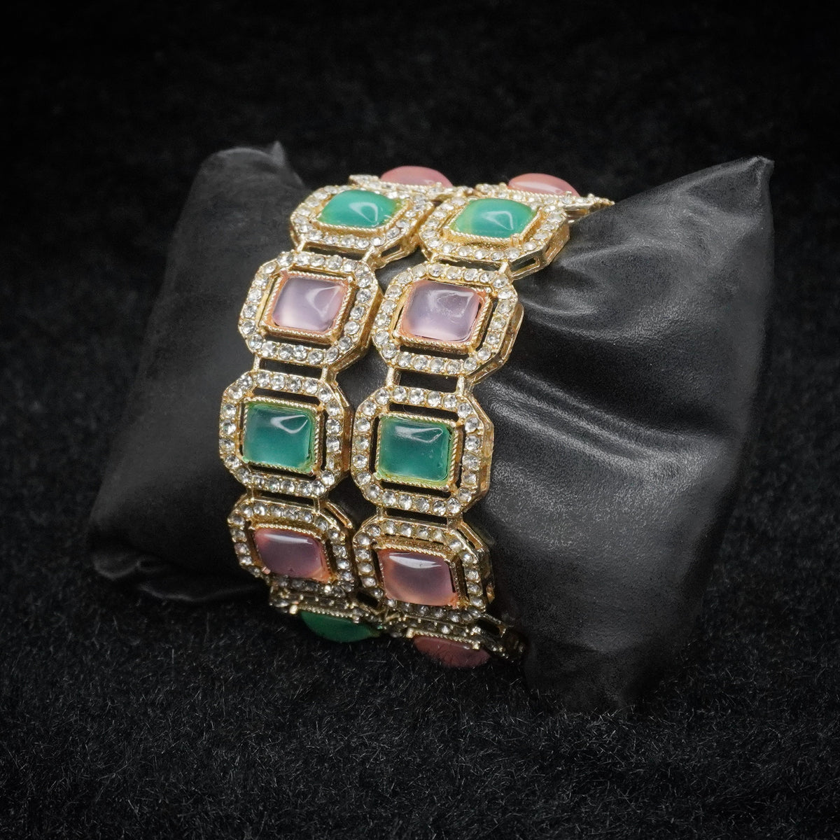 Gold Plated Mint & Pink Monalisa Stone Bangles – Set of 2