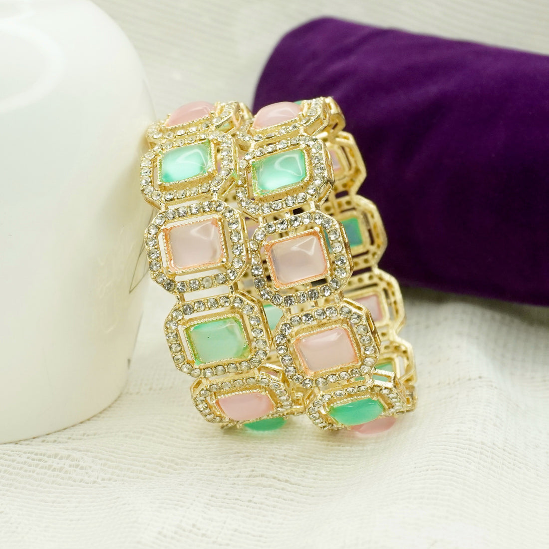 Gold Plated Mint & Pink Monalisa Stone Bangles – Set of 2