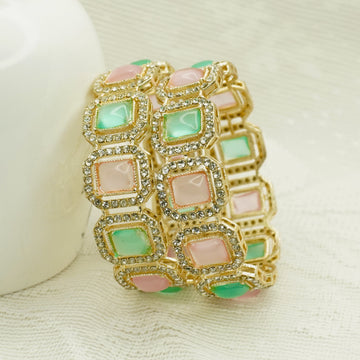 Gold Plated Mint & Pink Monalisa Stone Bangles – Set of 2