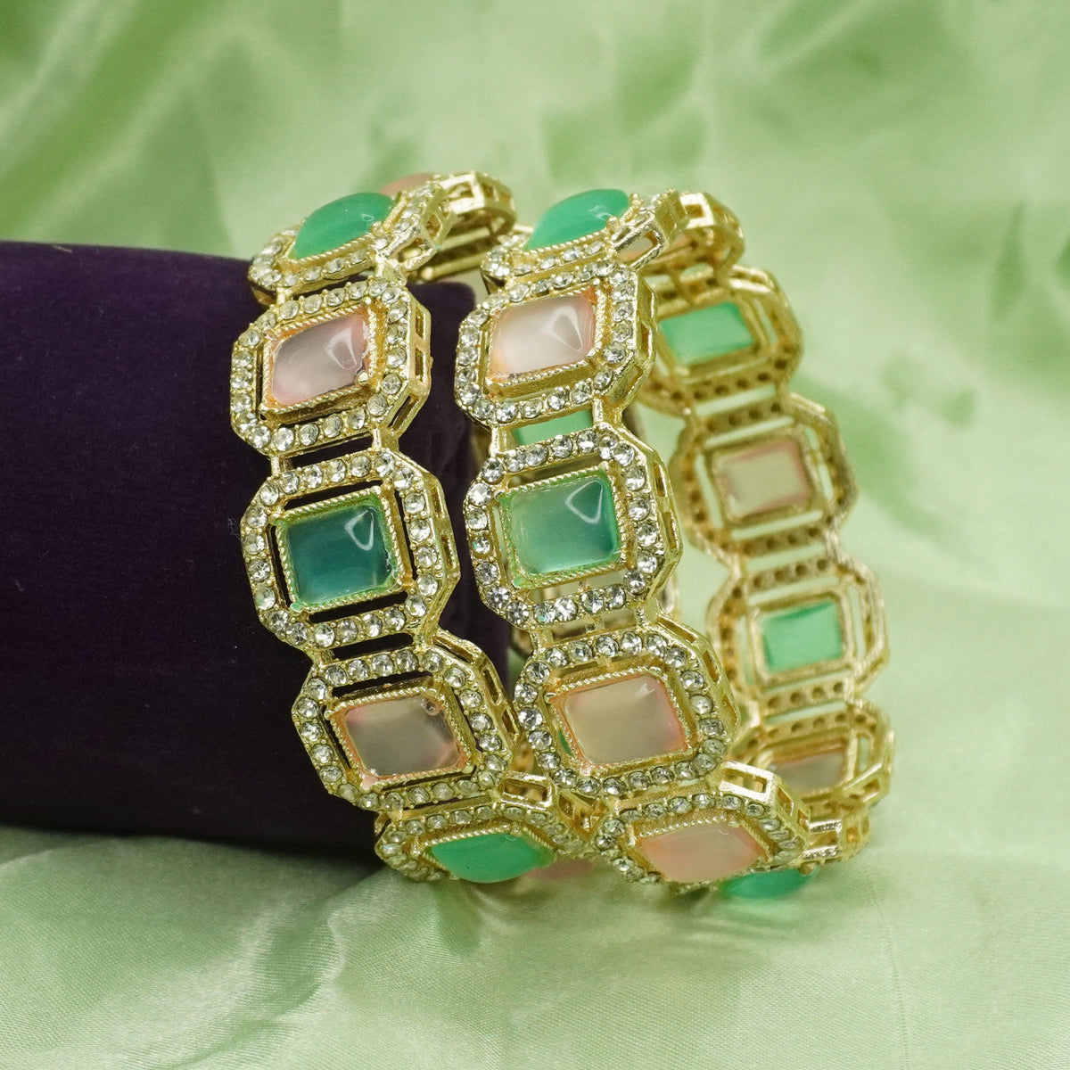 Gold Plated Mint & Pink Monalisa Stone Bangles – Set of 2